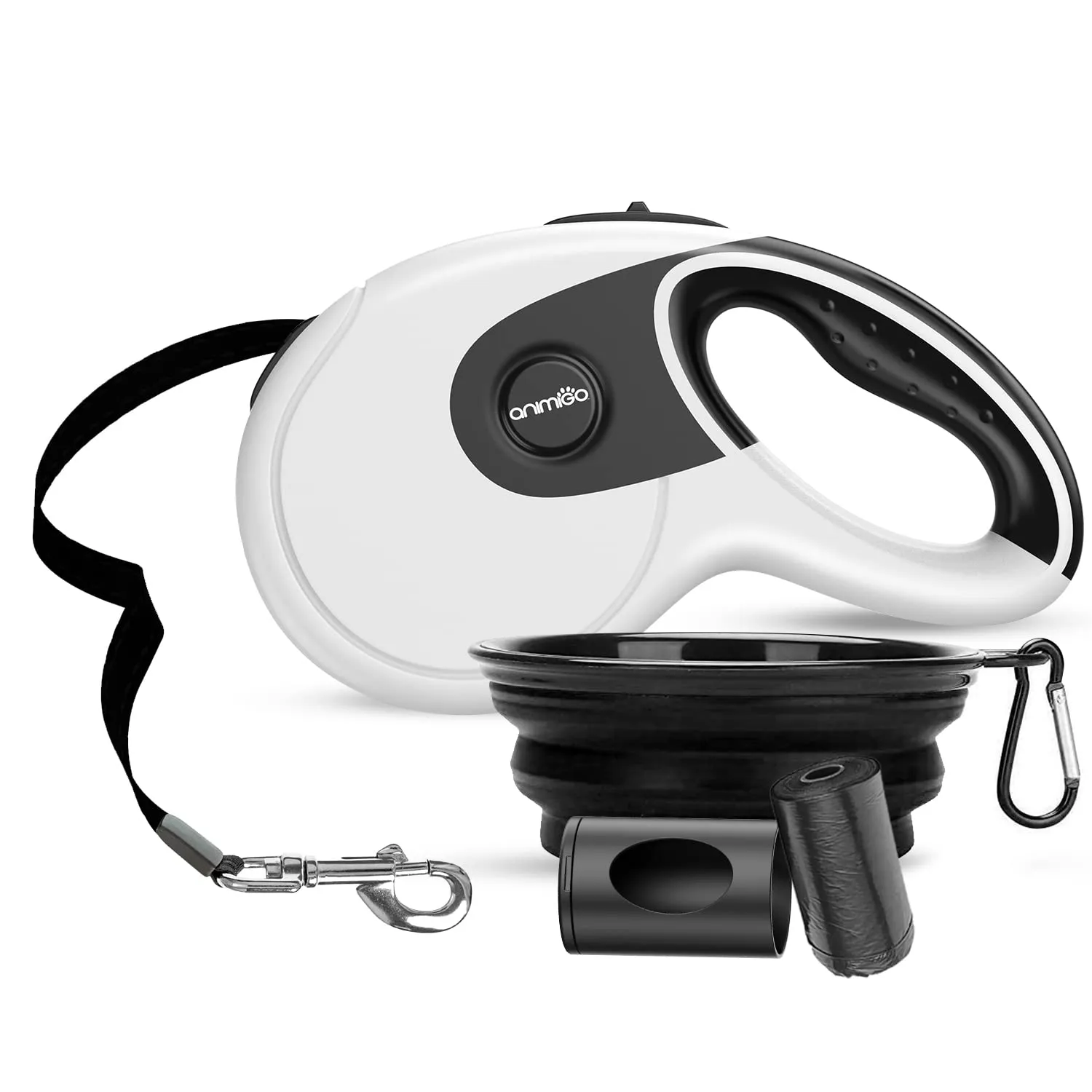 Guinzaglio per Cani Allungabile 5m, Guinzaglio Cani + Porta Sacchetti Cane e Ciotola da Viaggio, Guinzaglio 3 in 1 Anti Attorcigliamento, Guinzaglio per Cani Taglia Grande Fino a 40kg, Media, Piccola