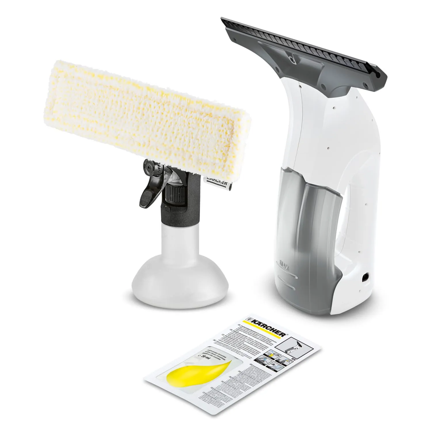 Kärcher WV 1 Plus Lavavetri Aspiragocce, Autonomia: 20 min., Display a LED, Serbatoio Acqua Sporca: 100 ml, Peso: 0,5 kg, Flacone Spray con Panno in Microfibra, 20 ml di Concentrato per Finestre