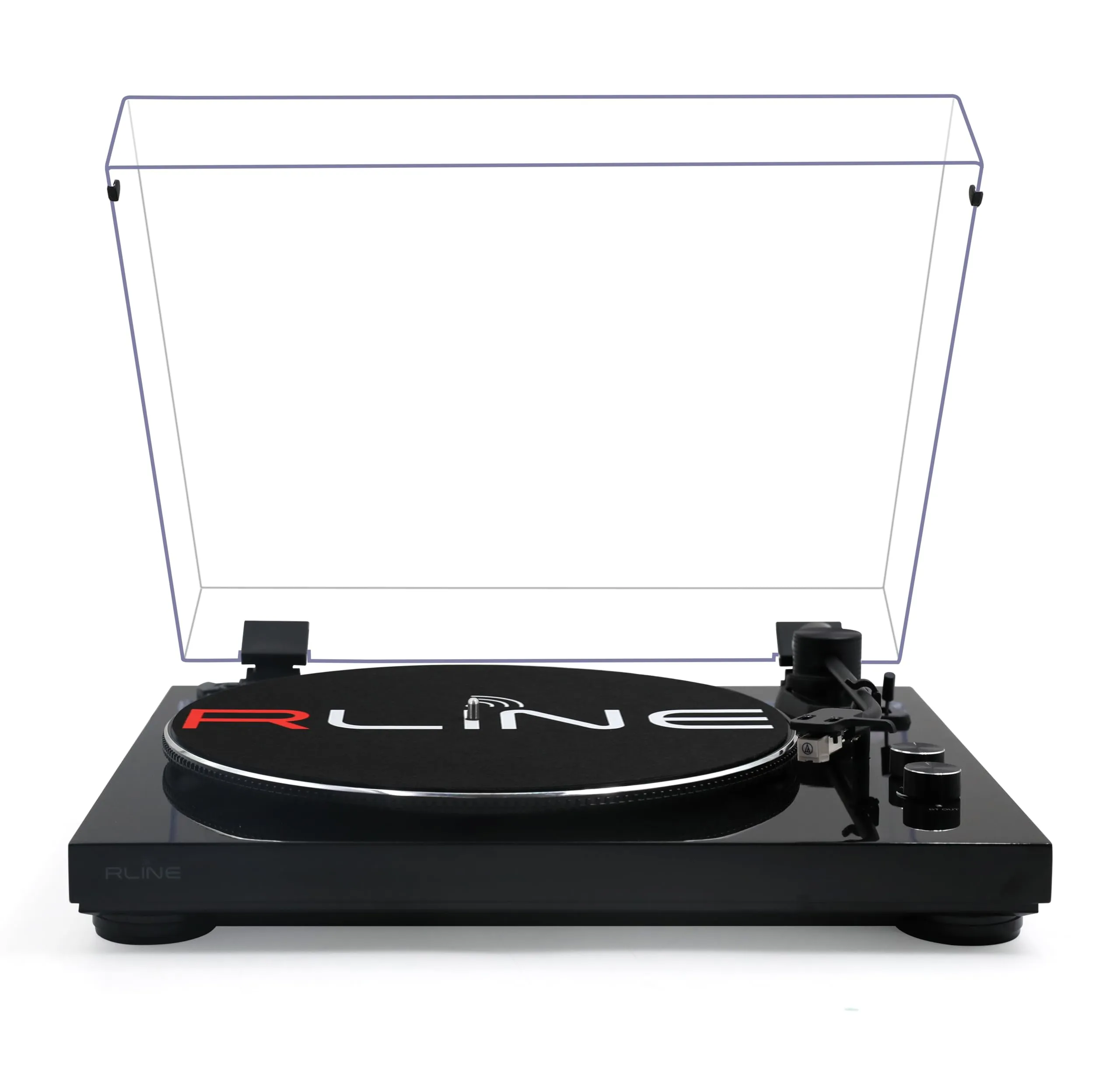 RLINE - Giradischi Vinili Bluetooth Nero Lucido, Lettore Vinili 33 e 45 Giri, Piatto 12" con Bordo Cromato, Piedini Antivibrazione, Cartuccia Magnetica AT3600, Pre-amplificatore Attivabile