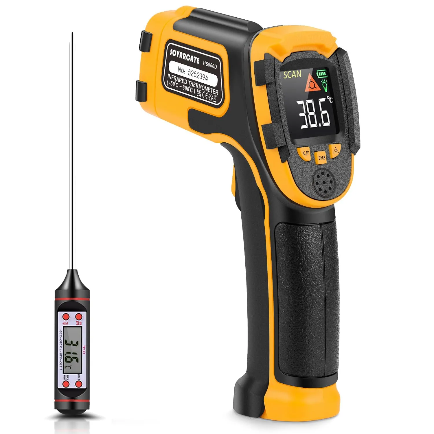Termometro Infrarossi Termometro Digitale Laser Senza Contatto -58°F~1112°F (-50°C～600°C) Emissività Regolabile - Sonda di Temperatura per Cottura/BBQ Freezer - Termometro per Carne Incluso