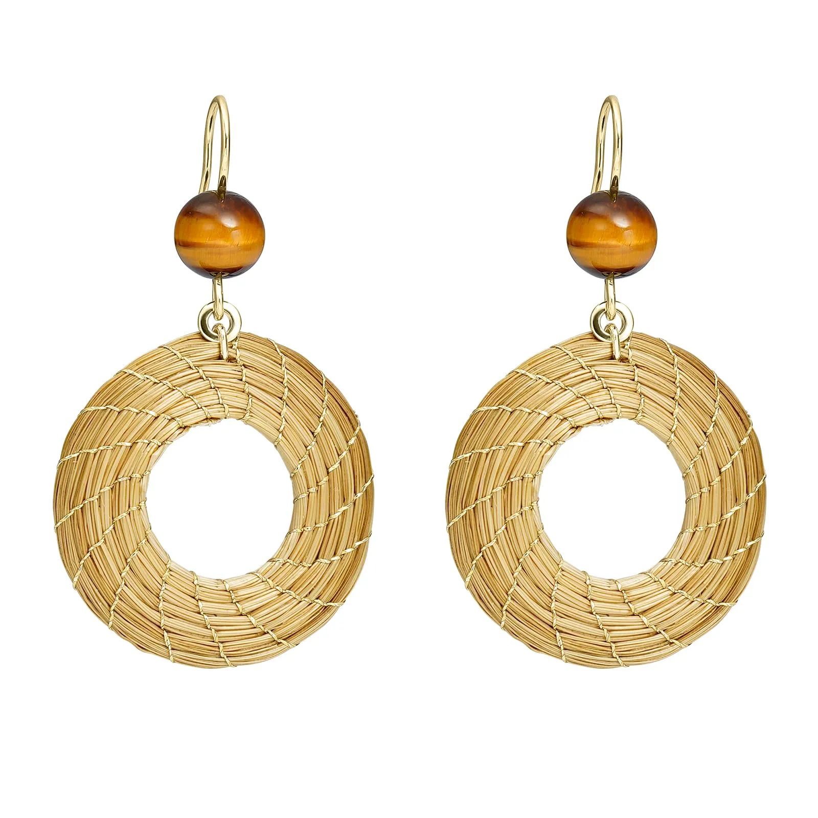 VERA NAVARRO - Orecchini Vegetali in Oro Mandala Aperto con Pietra Occhio di Tigre - 100% Naturale Fatto a Mano - Design Esclusivo