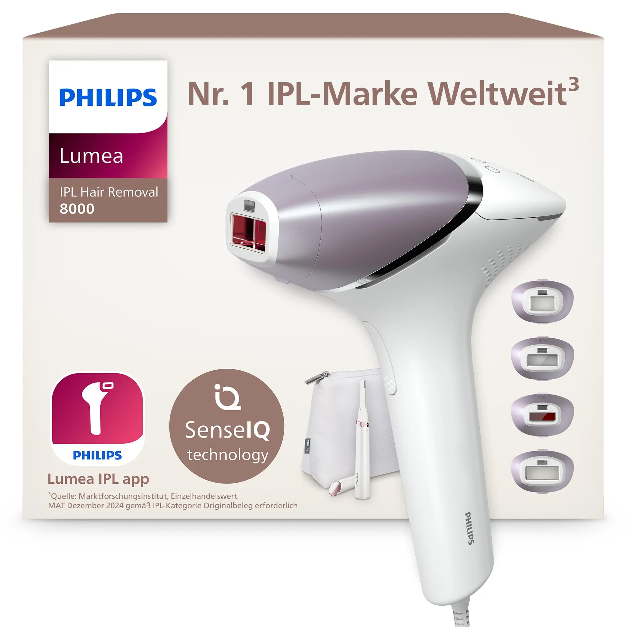 Philips Lumea 8000 Series, dispositivo di epilazione IPL, alternativa ai dispositivi di epilazione laser, con tecnologia SenseIQ, 4 accessori per corpo, rifinitore a penna Satin Compact, BRI949/00