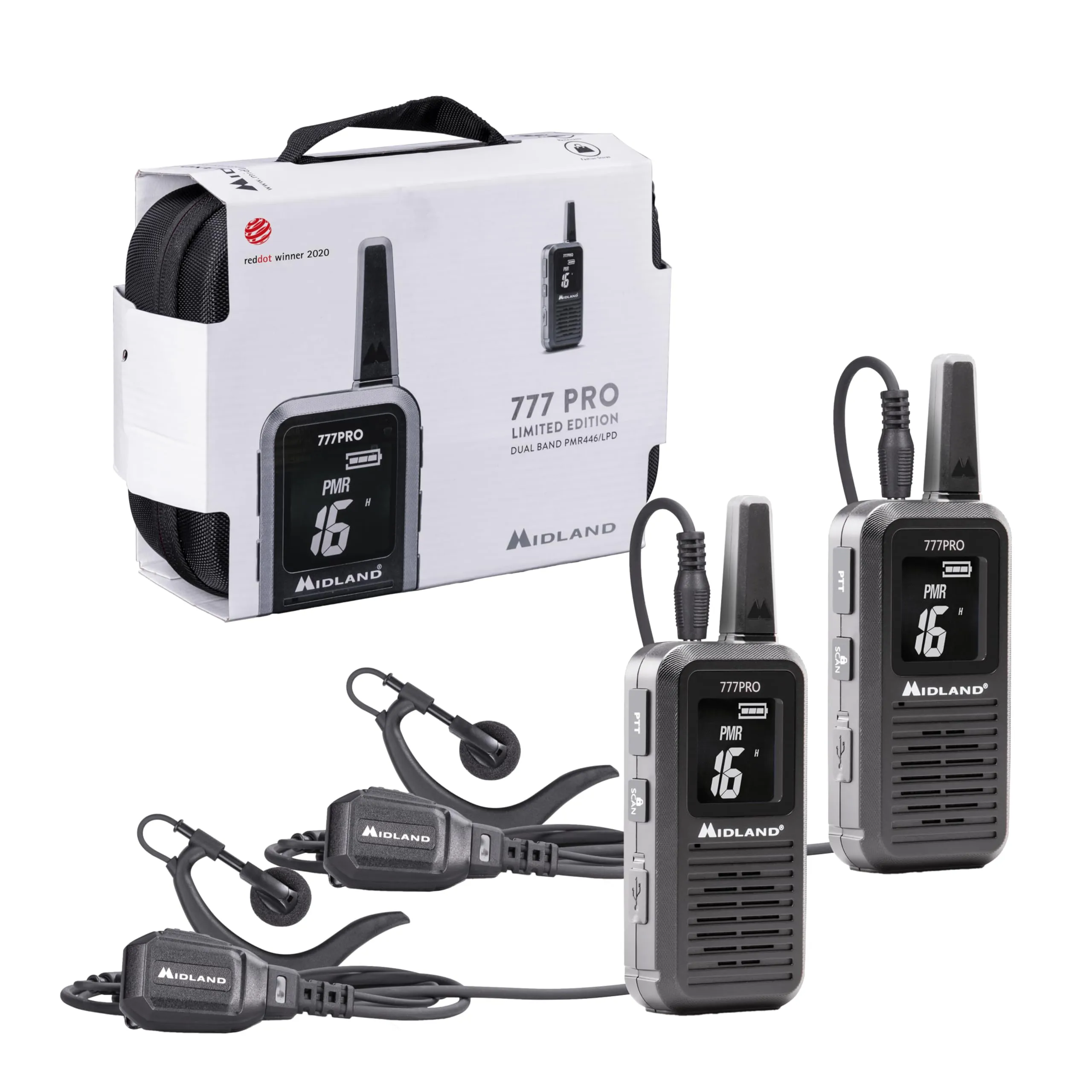 Midland - Walkie Talkie 777 Pro Limited Edition, 2 Ricetrasmittenti 85 Canali PMR446/LPD, 38 CTCSS, VOX, 2 Batterie, Display LED, 2 Cuffie MA21-777 Pro, Caricatore Doppio, 1 Cavo MicroUSB, Valigetta