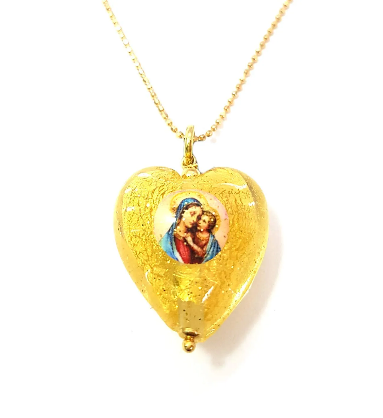 Venetiaurum - Pendente Cuore con immagine della Madonna e Gesù Bambino in Vetro Originale di Murano collana in argento 925- Gioiello made in Italy certificato