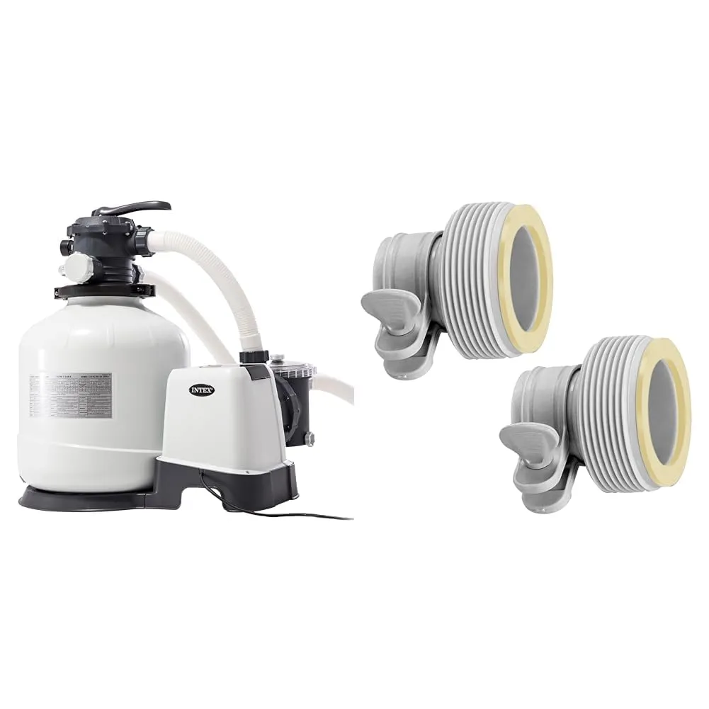 Intex 26652 – Pompa Filtro a Sabbia Krystal Clear, Flusso d'Acqua 12000 L/h, Flusso di Sistema 9200 L/h, Plastica, Bianco & 29061 - Adattatore Tipo B, 2 pezzi, Plastica, Bianco