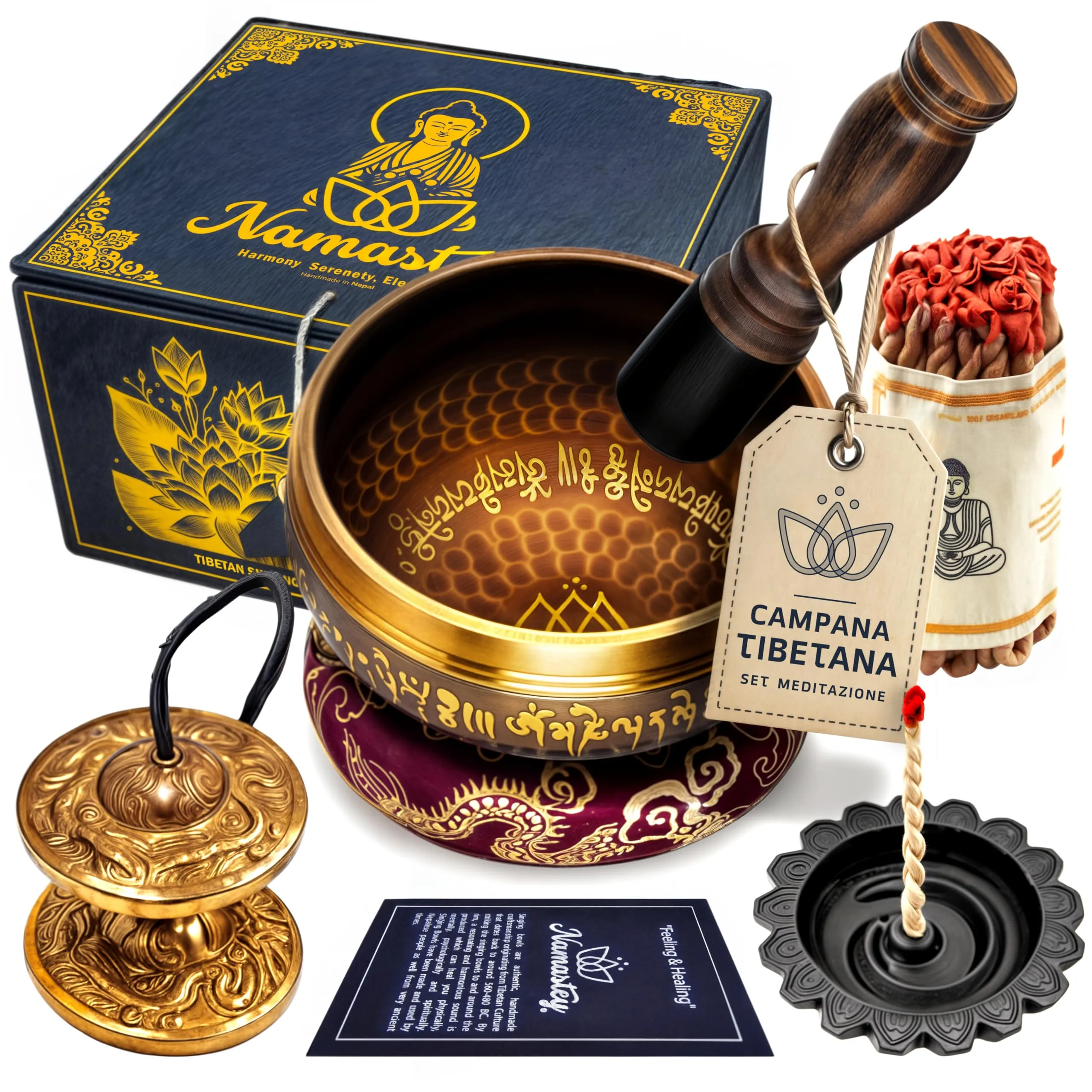 NAMASTEY® – Campana Tibetana – Ø10 cm – Cimbali tibetani – Tingsha – Bruciatore incenso – Incenso di Corda – In Scatola di Lokta – Set di Accessori per Meditazione e Yoga – Fatto a Mano in Nepal
