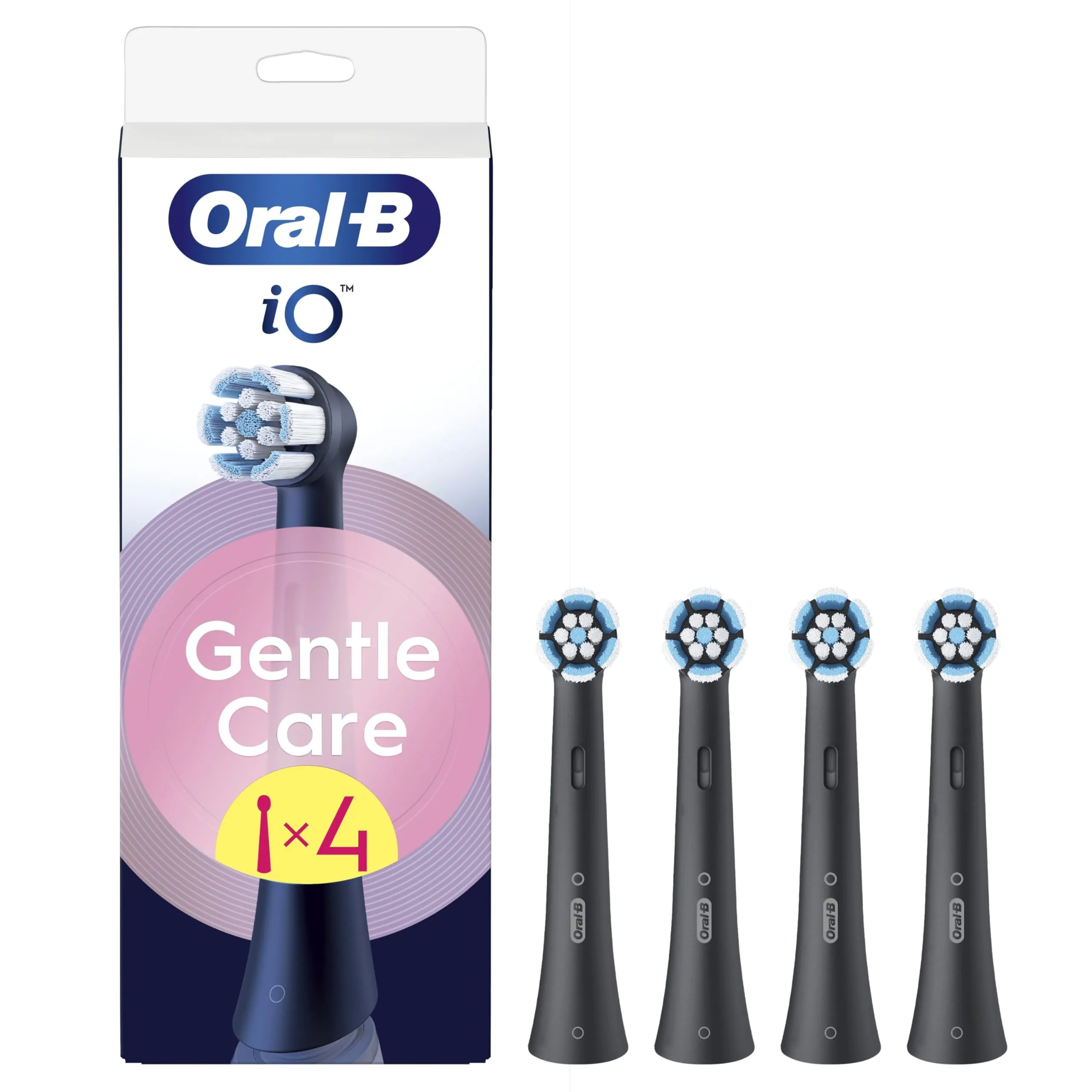 Oral-B Testine di Ricambio iO Gentle Care Nere, 4 Testine Oral B Rotonde Originali per Gengive Sensibili, Setole angolate per rimuovere la placca