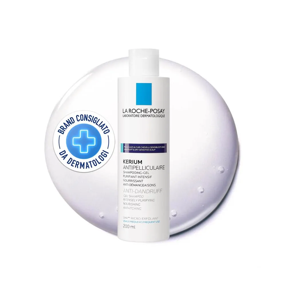La Roche-Posay Kerium, Shampoo Gel Anti-Forfora, Per Uso Frequente, Contrasta Forfora e Senso di Prurito, Arricchito con LHA, Zinco e Acqua Termale, 200 ml