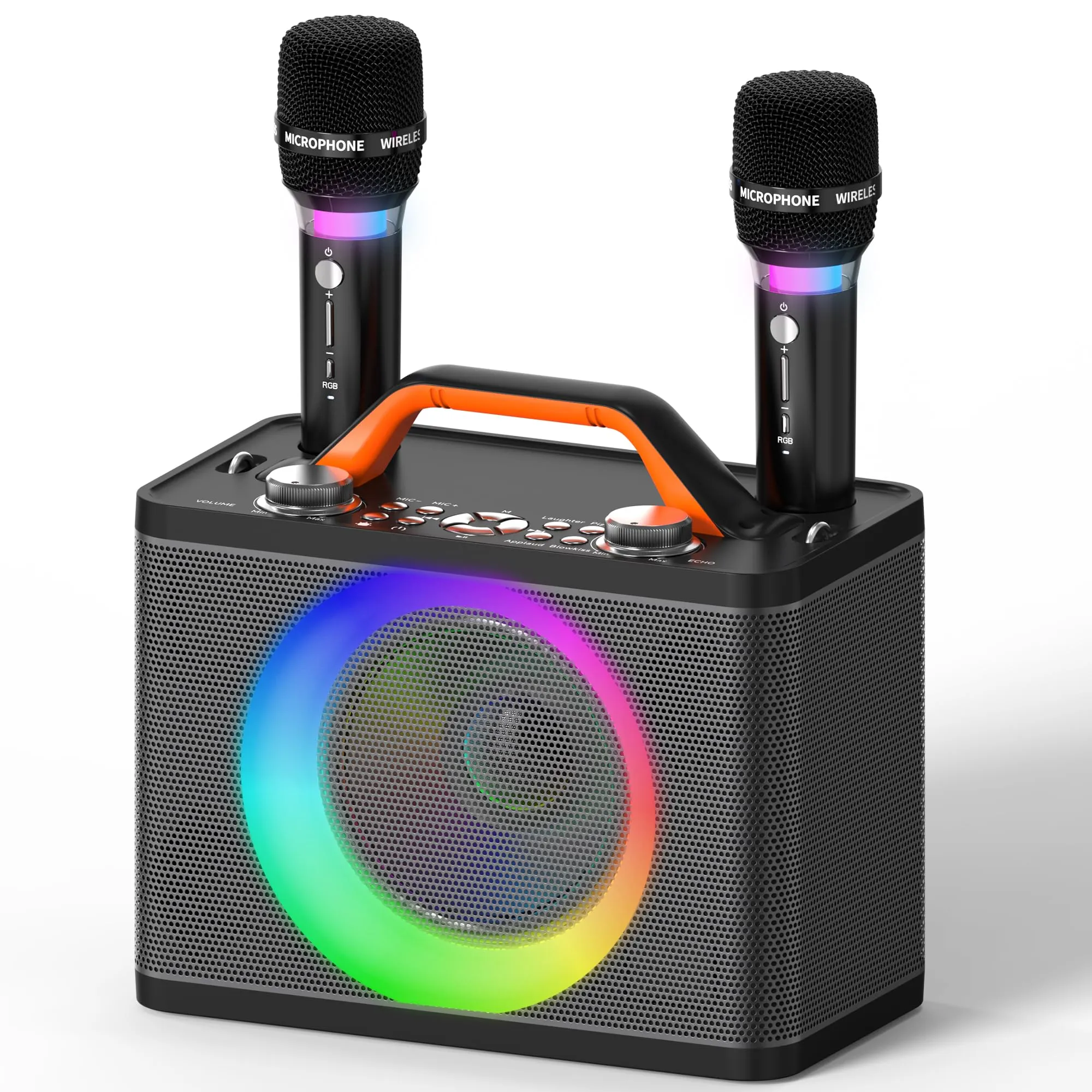 Macchina per karaoke con 2 microfoni wireless RGB, macchina per karaoke portatile da 5200 mAh con 10 modalità RGB, pannello di controllo indipendente, riproduzione 13H