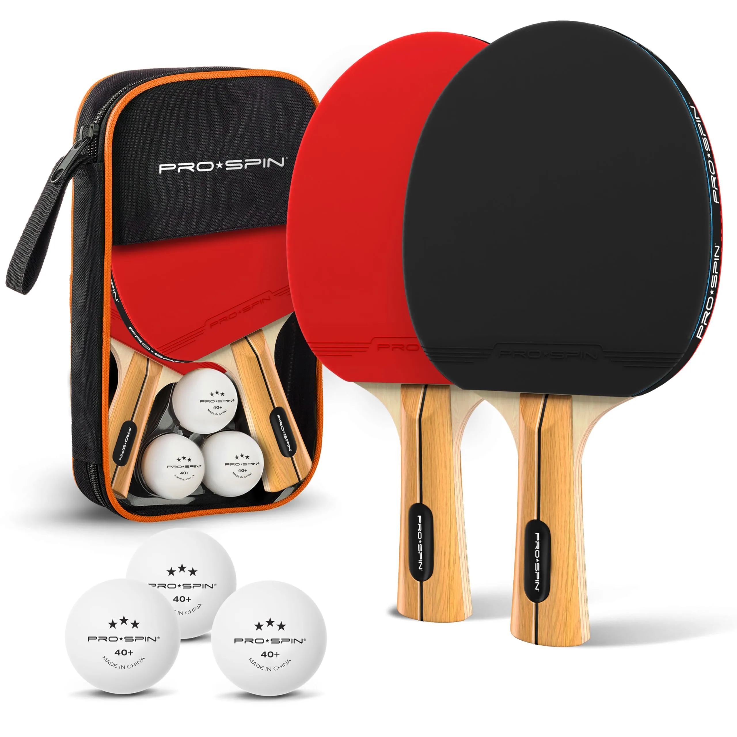 PRO-SPIN Ping Pong Set da Tavolo di Alta qualità - Racchette Ping-pong, Palline Ping Pong a 3 Stelle, Custodia Compatta - Set da 2 Giocatori - Gioco da Interni o Esterni