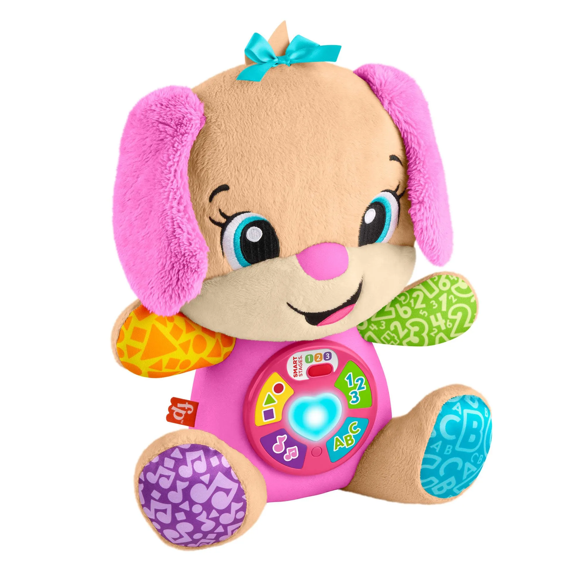Fisher-Price giocattolo per l'apprendimento dei neonati. Ridi e Impara peluche musicale Sis Smart Stages; per bambini +6 mesi, Multilingue: Olandese, inglese, francese, tedesco, italiano,JFD31