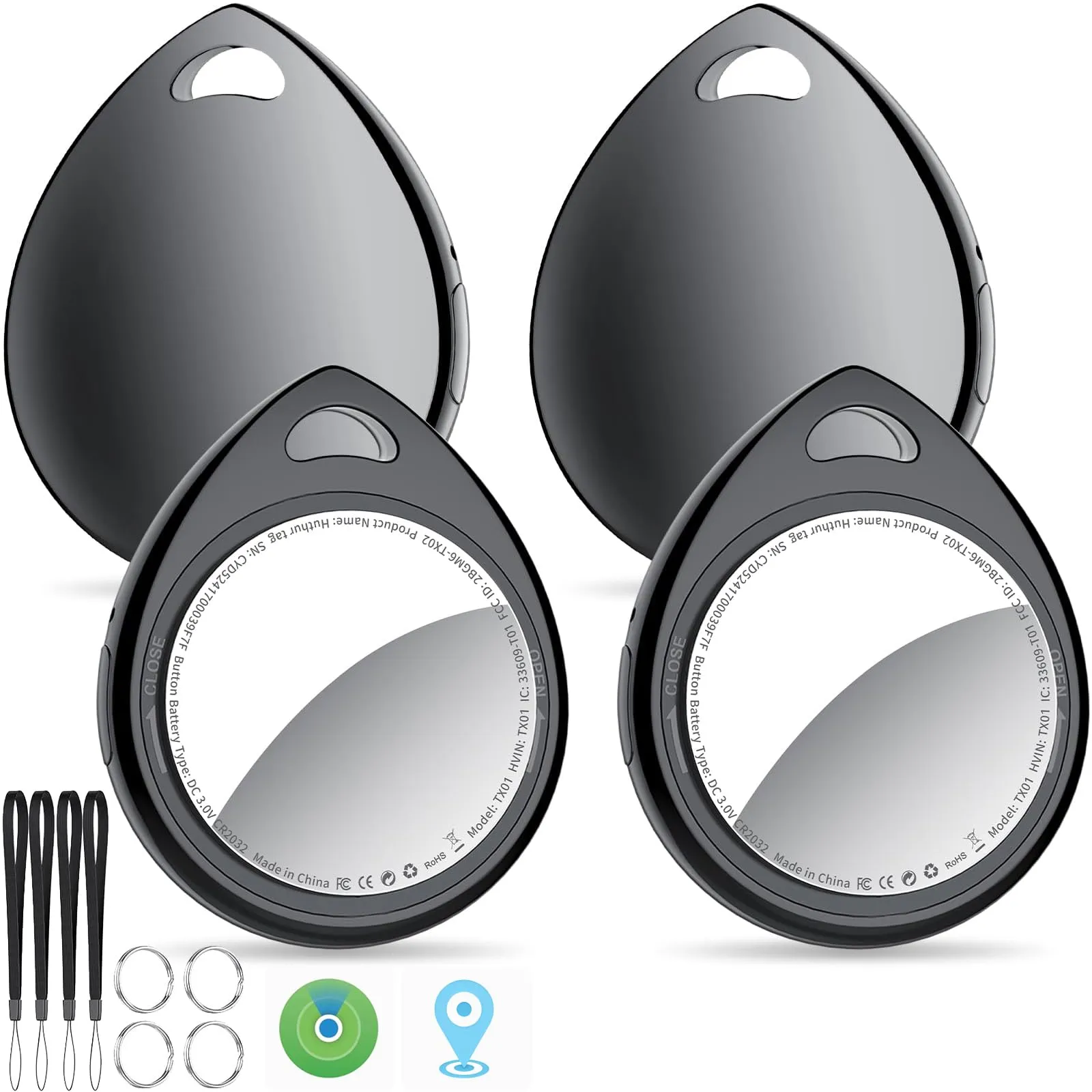 QCOQ® Air Tags 4 Pezzi Locator, Smart Tracker Bluetooth Compatibile con Apple Dov’è App (solo iOS), Localizzatore Chiavi fino a 100dB con Batteria Sostituibile per Chiavi/Bagagli/Valigie/Portafogli