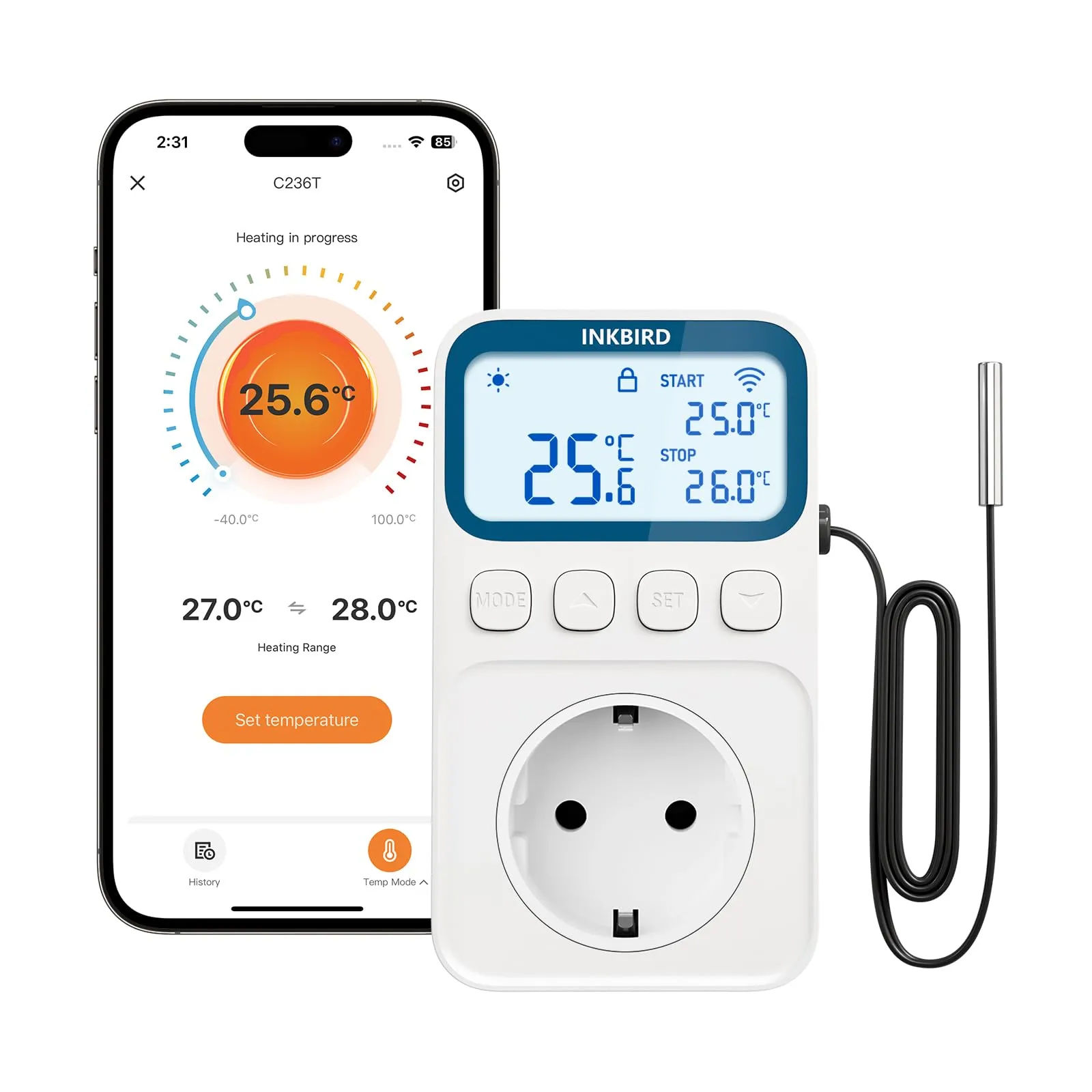 Inkbird Termoregolatore Regolatore di Temperatura,C236T WiFi Termostato con Sonda,Riscaldamento e Raffreddamento,Funzione di Allarme,LCD Display,Presa Termostato per Casa,Rettili,Serra,Incubazione