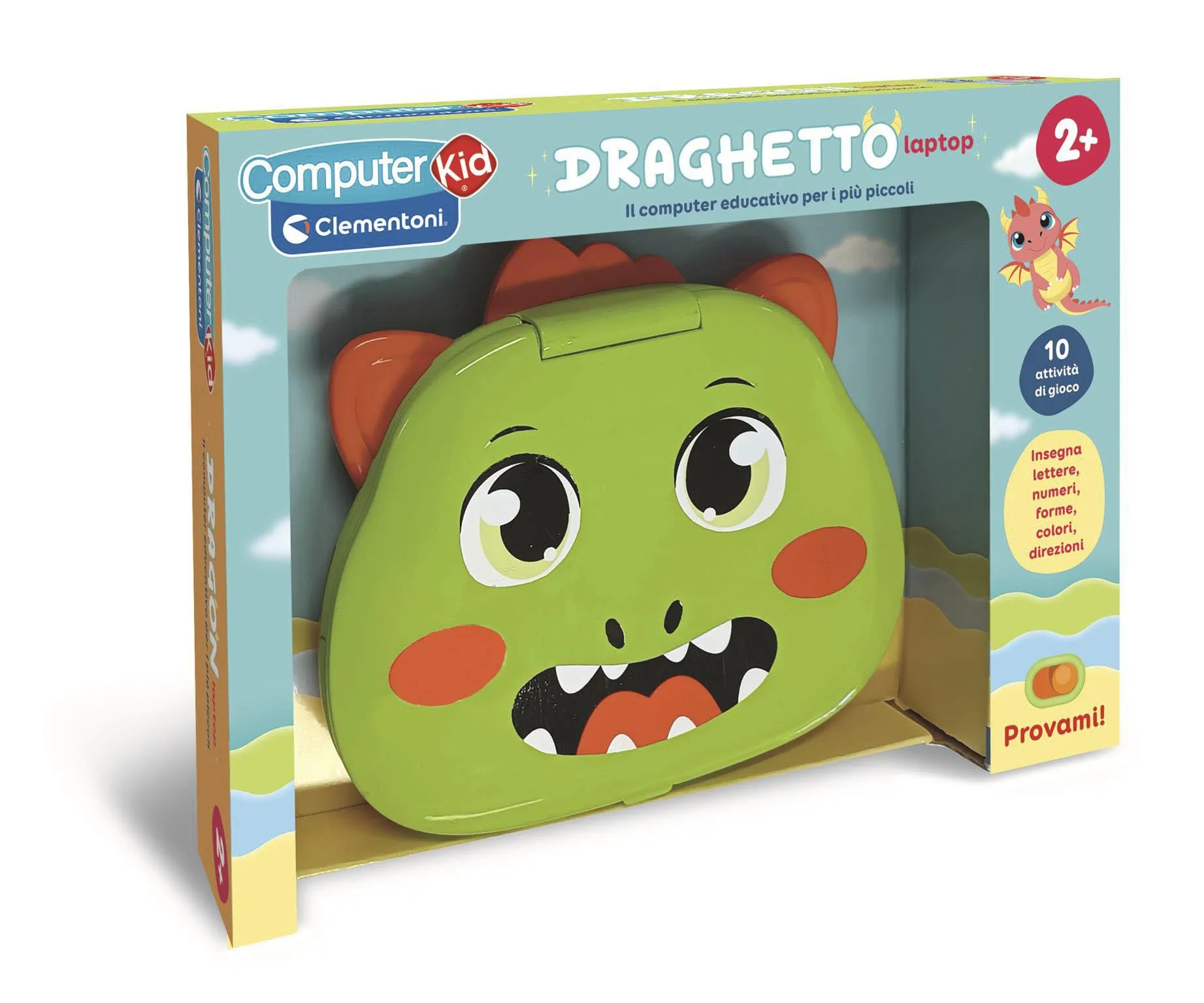 Clementoni - Computer Kid Draghetto Laptop Educativo Bambini 2+ Anni, 10 attività, Gioco Elettronico per Imparare Lettere, Numeri, Forme, Colori e Melodie, Batterie Incluse, Lingua Italiana, 16488