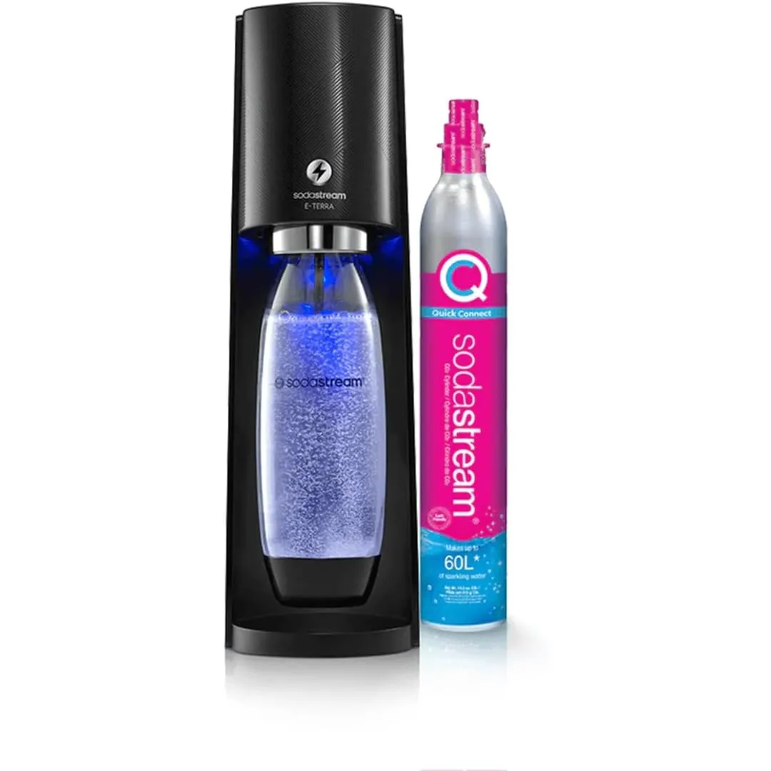 SodaStream E-Terra, Gasatore d'acqua Frizzante Elettrico,1 Bottiglia Pet, Incluso Cilindro Contente Co2, 1 Litro e 1 Alimentatore
