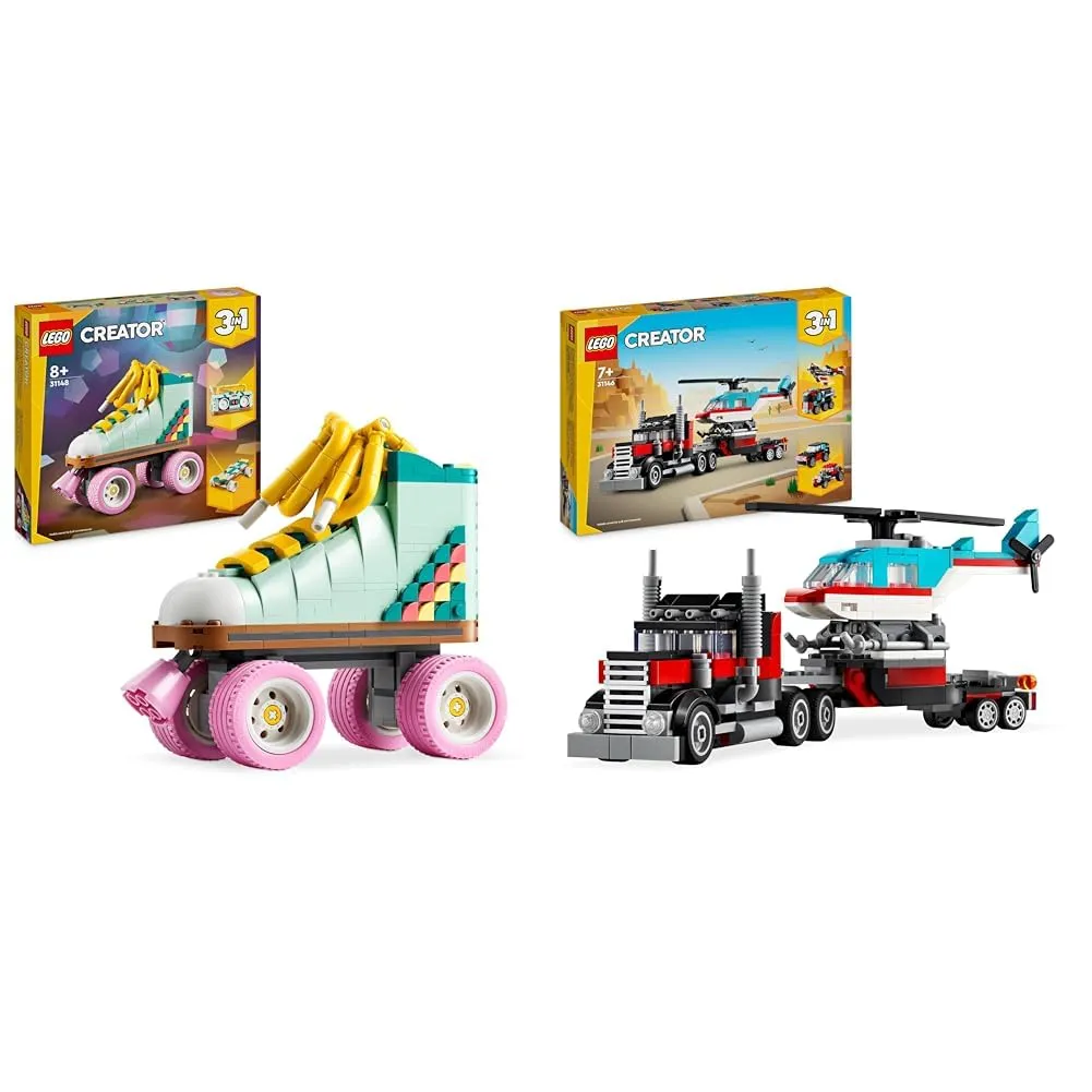LEGO Creator 3 in 1 Pattino a Rotelle Retrò Trasformabile in Mini Skateboard o Radio & Creator 3 in 1 Autocarro con Elicottero, Giochi per Bambini e Bambine da 7 Anni