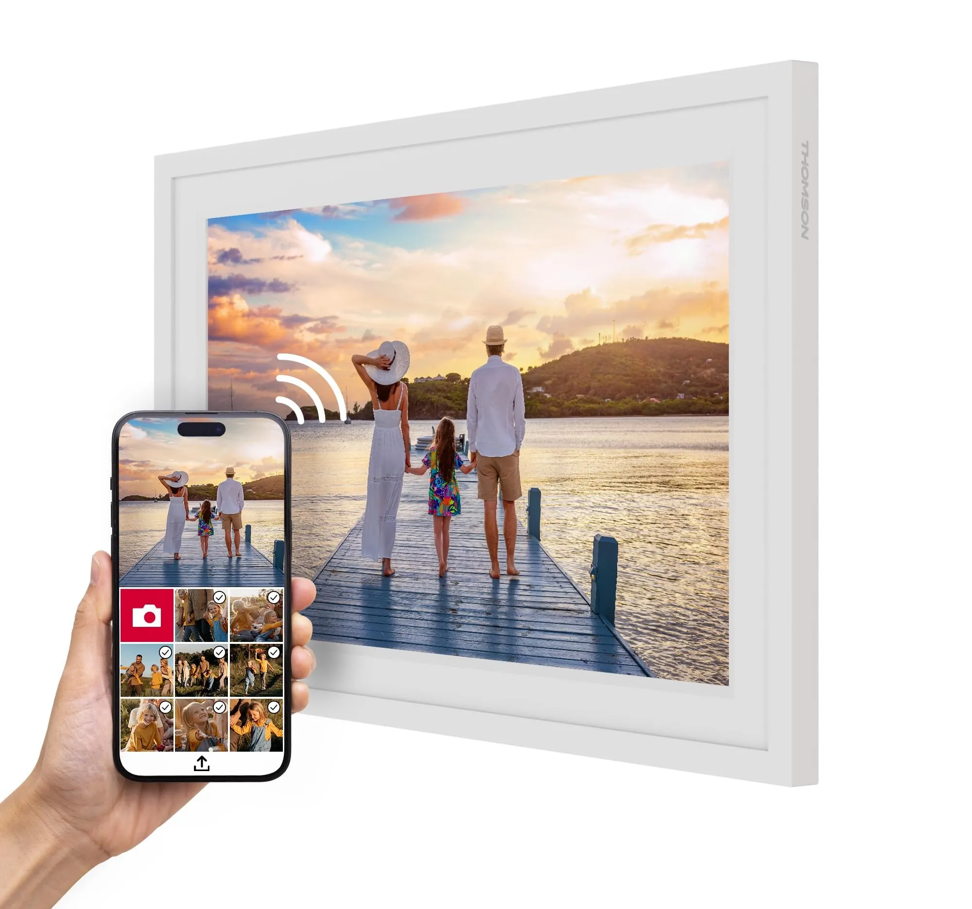 THOMSON Cornice Fotografica 10 pollici BIANCO - 25,6 cm, 1280x800 HD IPS, Touchscreen, Memoria 32 GB, Rotazione Automatica, Connessione Multi-Utente, WLAN, Supporto da Tavolo o Montaggio a Parete