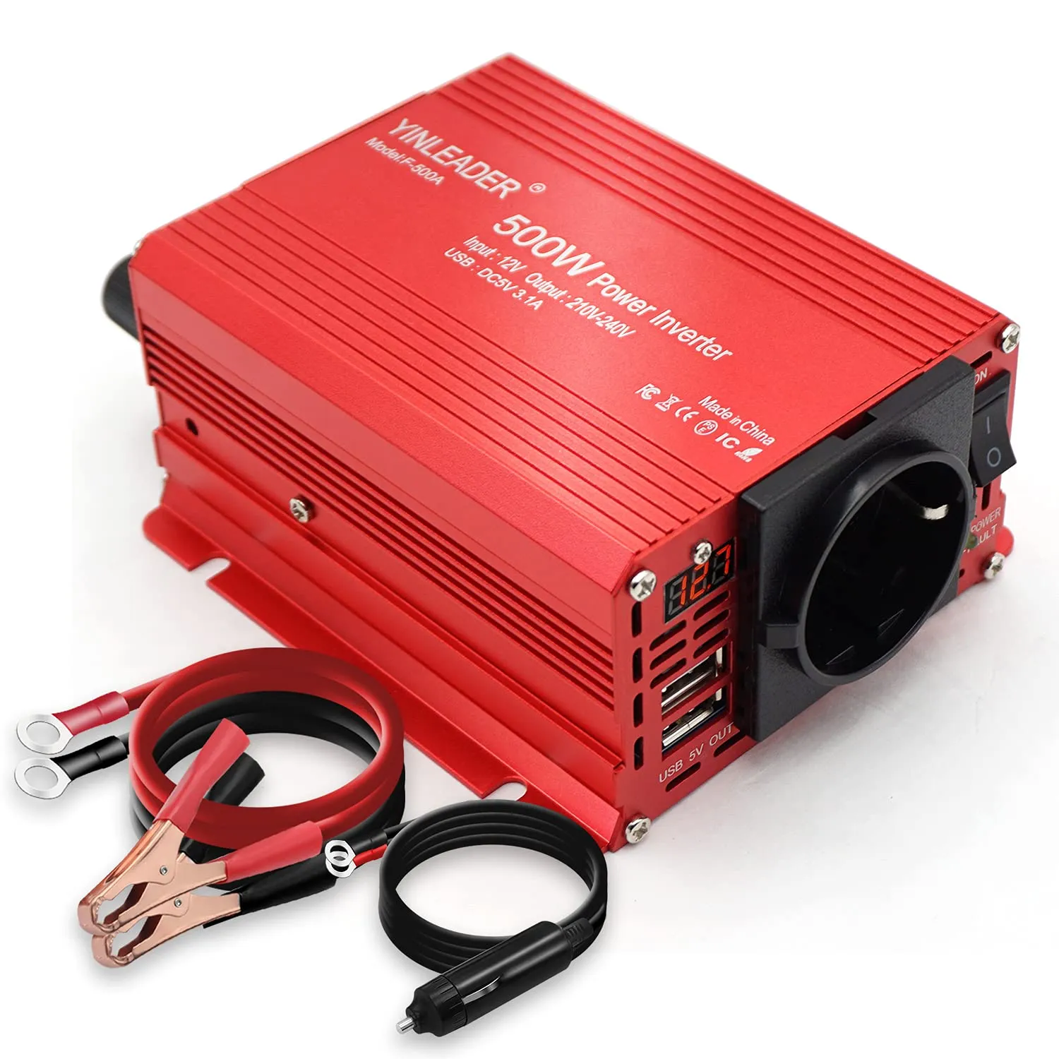 Yinleader Inverter 500W 12v 220v LED, Power Inverter di Potenza 500W DC 12V AC 230V Invertitore di Corrente con 2 Porte USB 2.4A, Trasformatore per Auto Camper tablet phone fan Computer