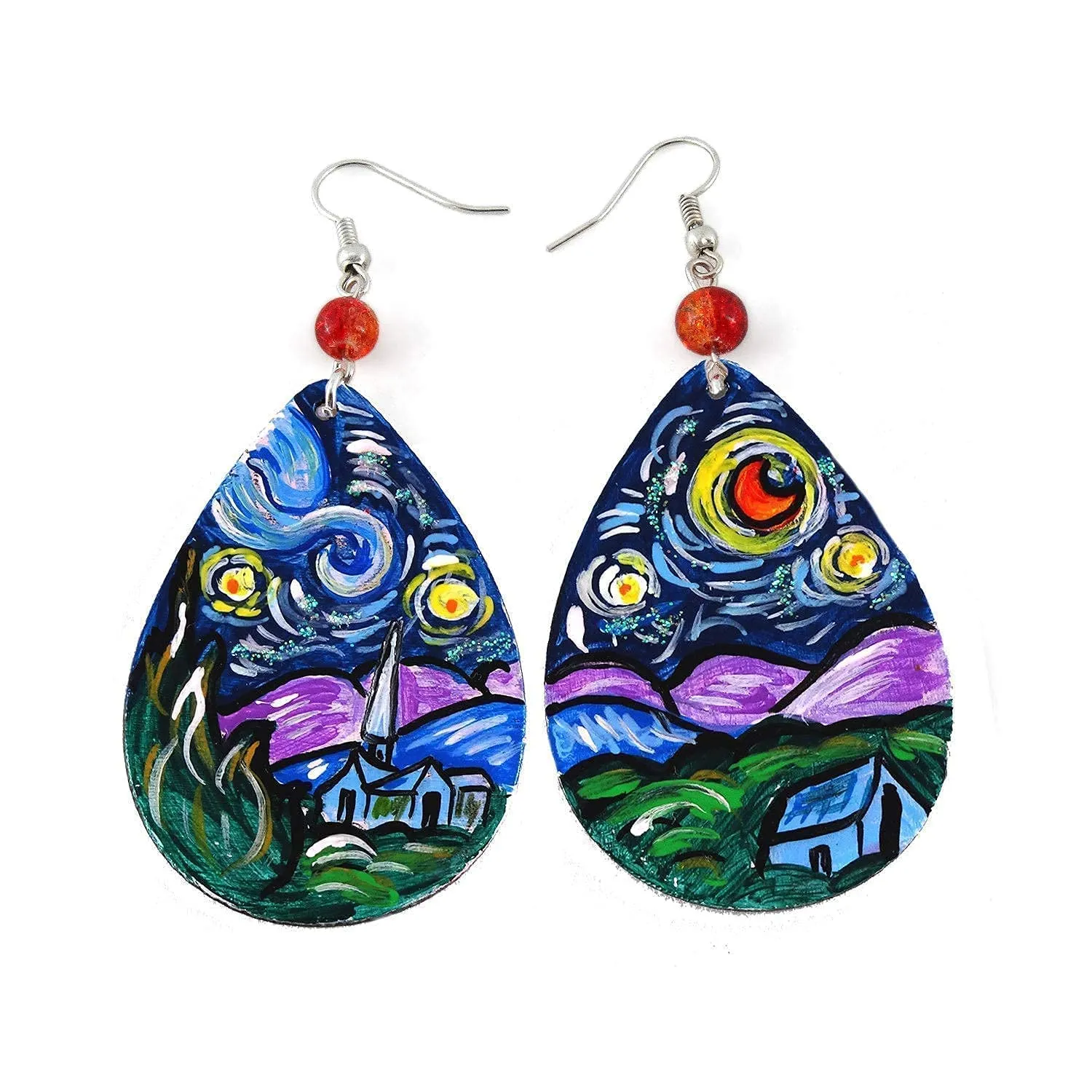 Orecchini dipinti a mano – LA NOTTE STELLATA DI VAN GOGH - Orecchini pendenti da donna, Gioielli in legno, Gancio in argento, Made in Italy, Bijoux da donna decorati, Lavorazione Artigianale