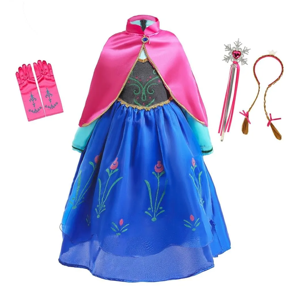 Lito Angels Vestito Costume Principessa Anna con Mantello e Accessori per Bambina per Carnevale Feste, Taglia 5-6 Anni