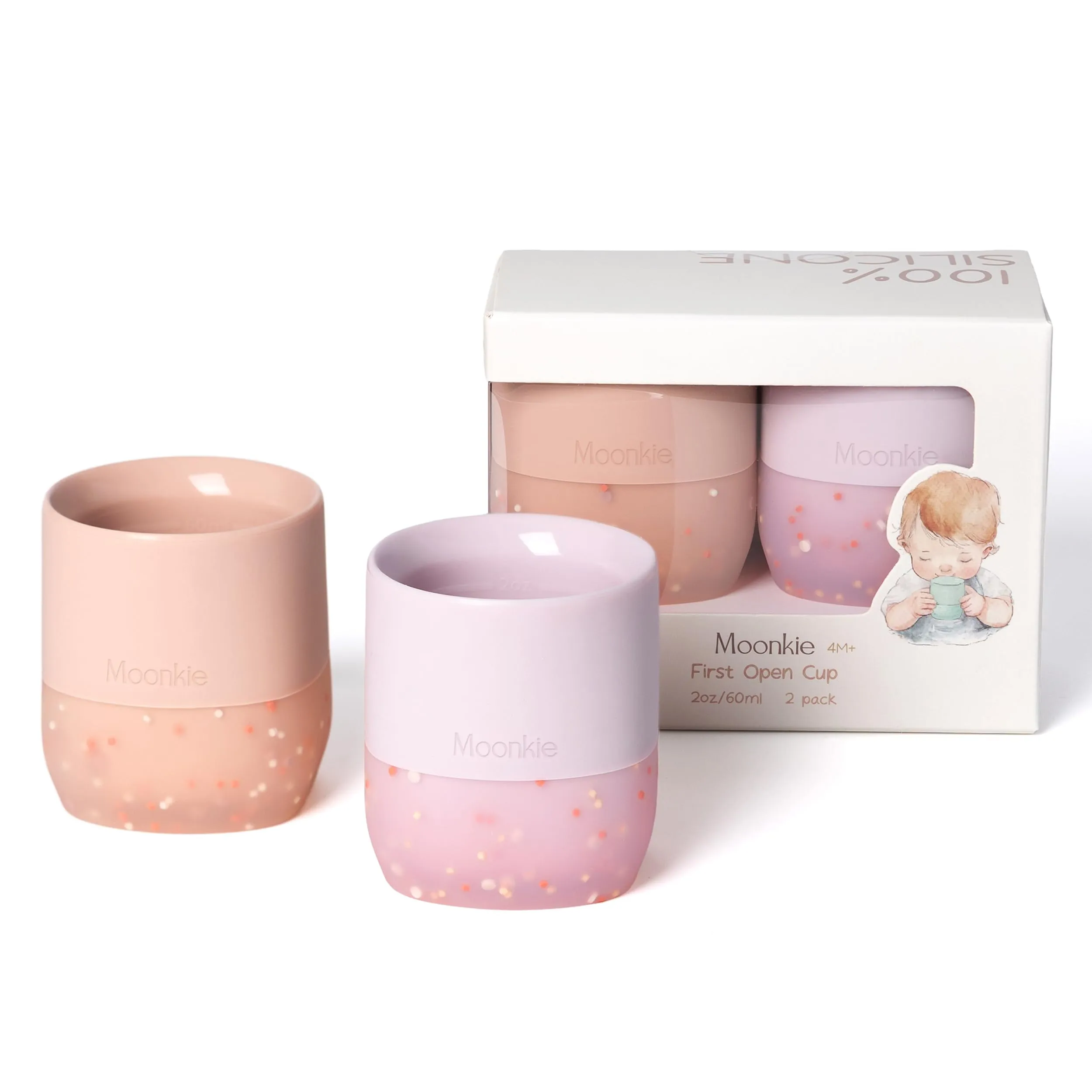 Moonkie Bicchiere Bambini, 2 Pezzi Bicchiere Neonato Silicone, Tazza Bambino 4 Mesi+, Svezzamento Neonati, Base Ponderata, senza BPA, con Indicazioni di Capacità, 2oz(Blush/Lilla morbido)
