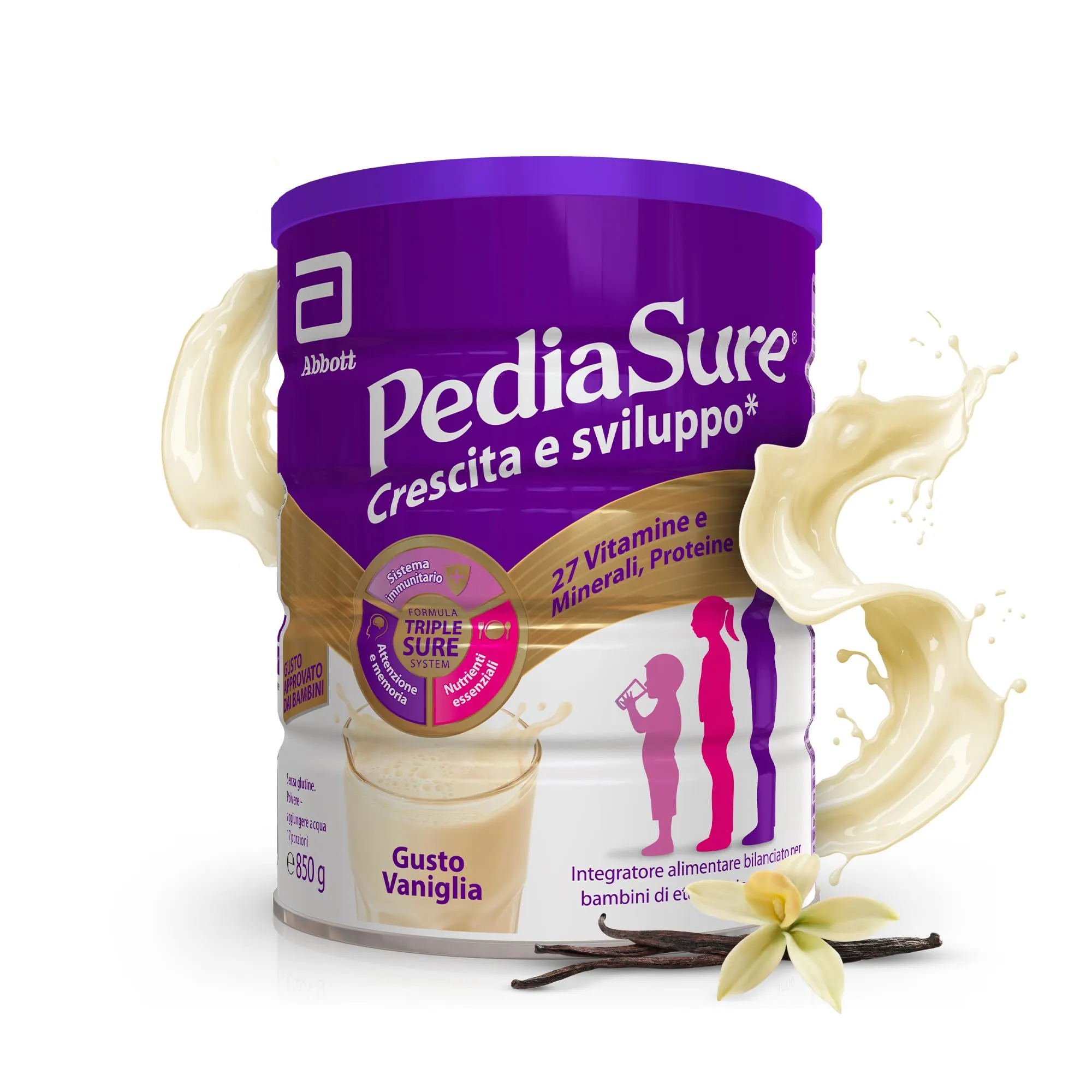 PEDIASURE Crescita e Sviluppo, Integratore Alimentare per Bambini da un anno in su, Multivitaminico con 27 Vitamine e Minerali e Proteine, Confezione 850g, gusto Vaniglia
