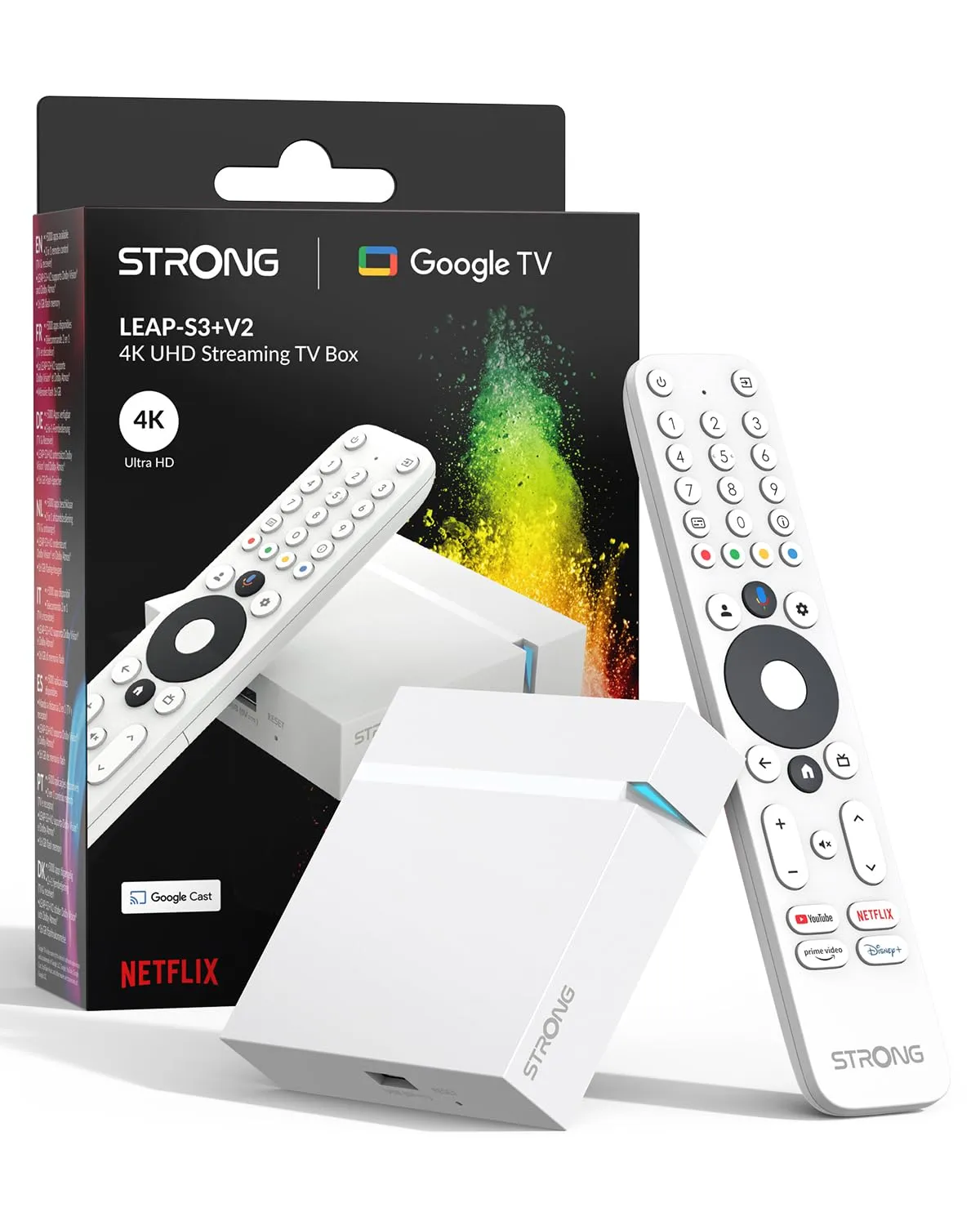 STRONG - Streaming Box Android TV 4K UHD - Leap-S3+ V2 - Chromecast Integrato - Compatibile con Assistente Vocale Google - Dolby Atmos & Dolby Vision - Facile da Installare - Bianca