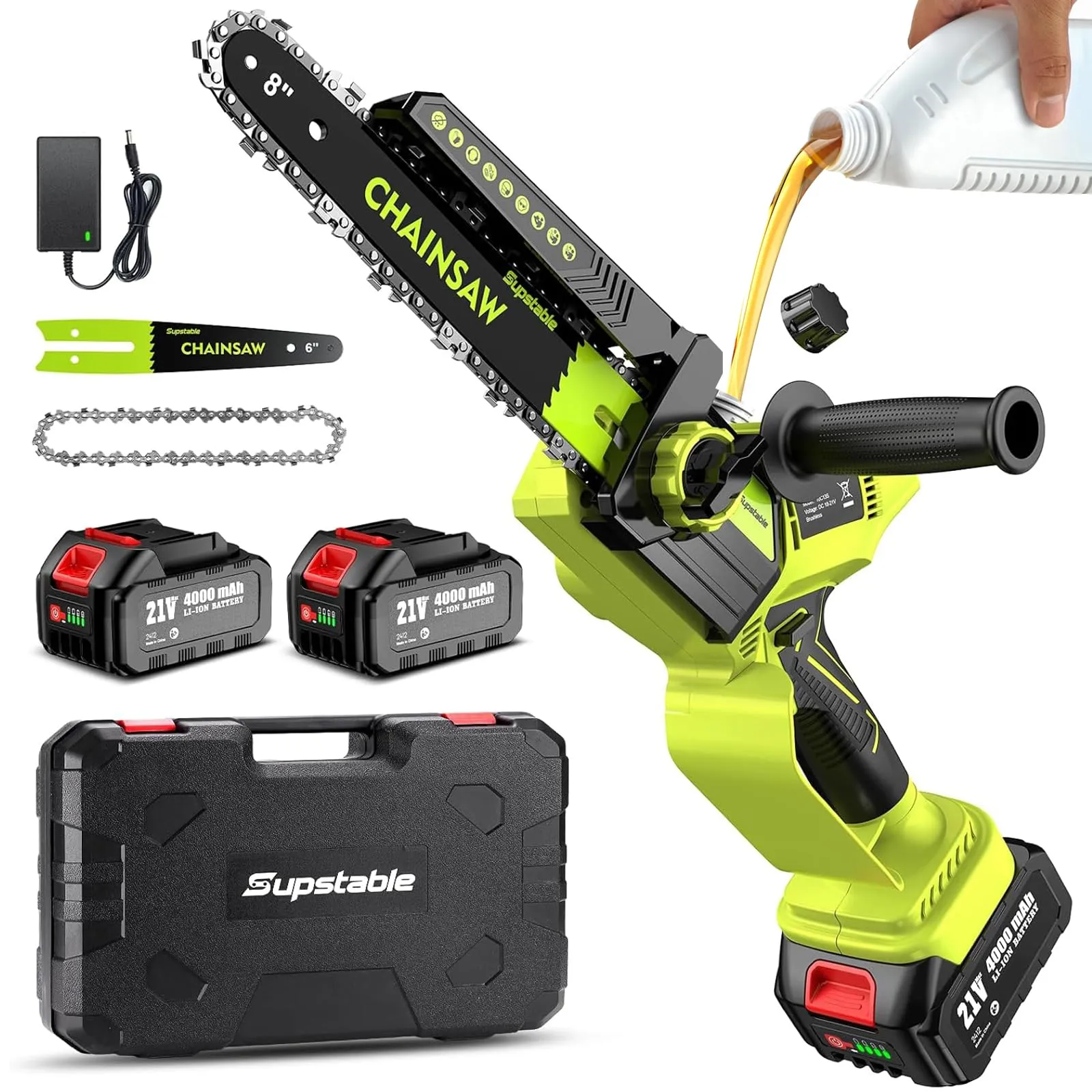 Supstable Mini Motosega a Batteria 8/6 Pollici, 8000mAh Motoseghe Elettrica Brushless, Oliatore Automatico, Tensione Catena Senza Attrezzi, 900W Sega a Batteria per Potatura, Artigianato e Progetti