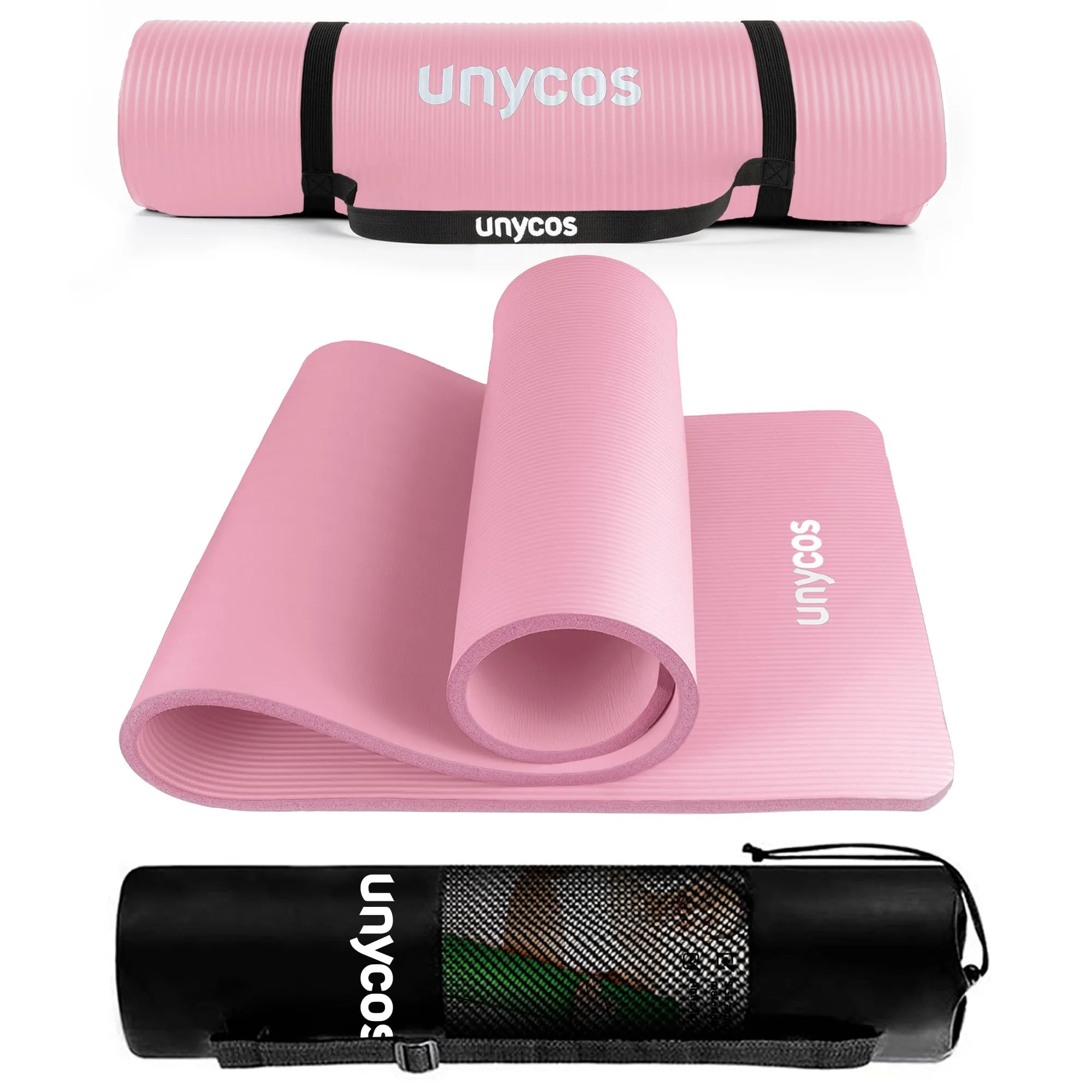 unycos - Tappetino Antiscivolo da Yoga, Pilates e Ginnastica Extra Spesso 10 mm, 183x60 cm, Materassino Fitness con Schiuma NBR Confortevole, Tracolla, Borsa ed E-Book di 50 Esercizi (Rosa Chiaro)