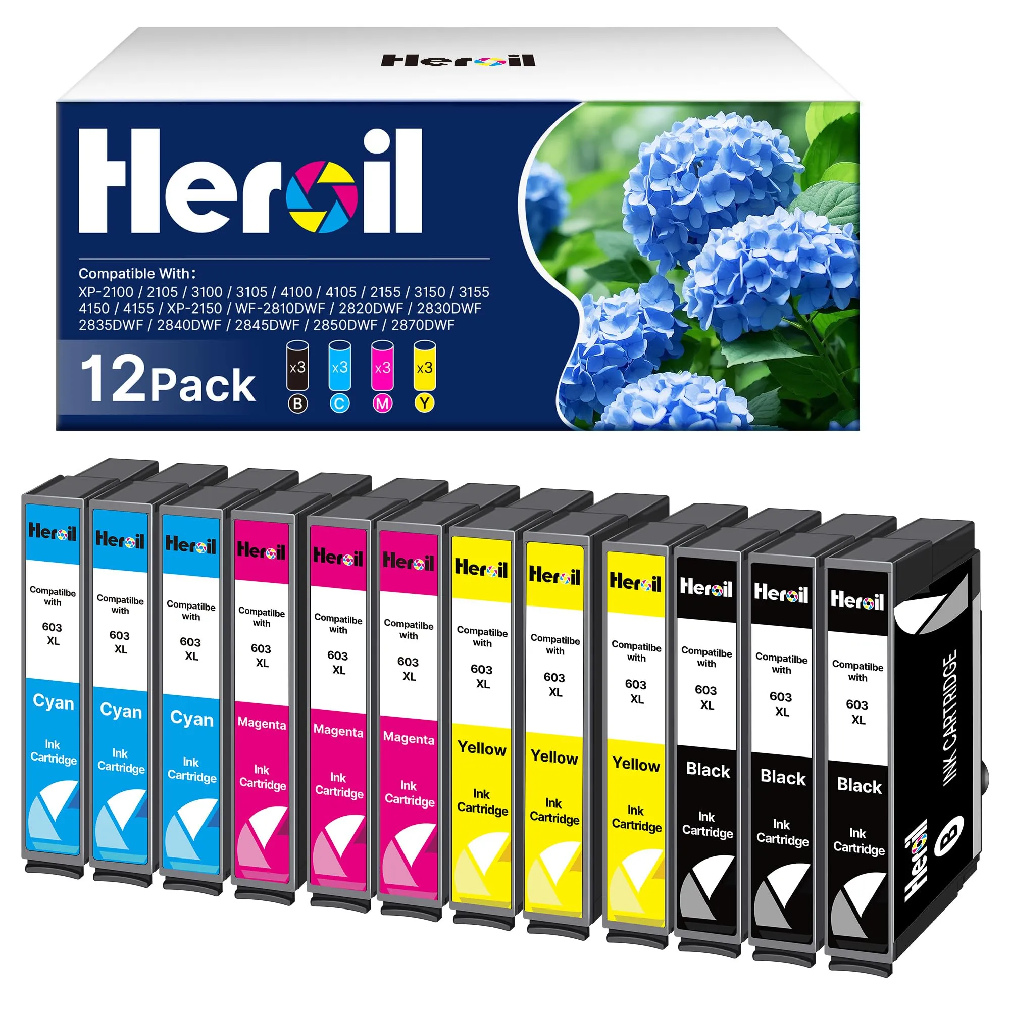 Heroil 603XL Compatibili per Cartucce Epson 603 XL Multipack 603 XL Cartucce per Expression Home WF 2810 XP-2100 XP-3100 WF-2830 XP-2150 XP-4100 XP-3105 WF-2820 XP-4105 WF-2835 XP-2105(12 Pezzi)