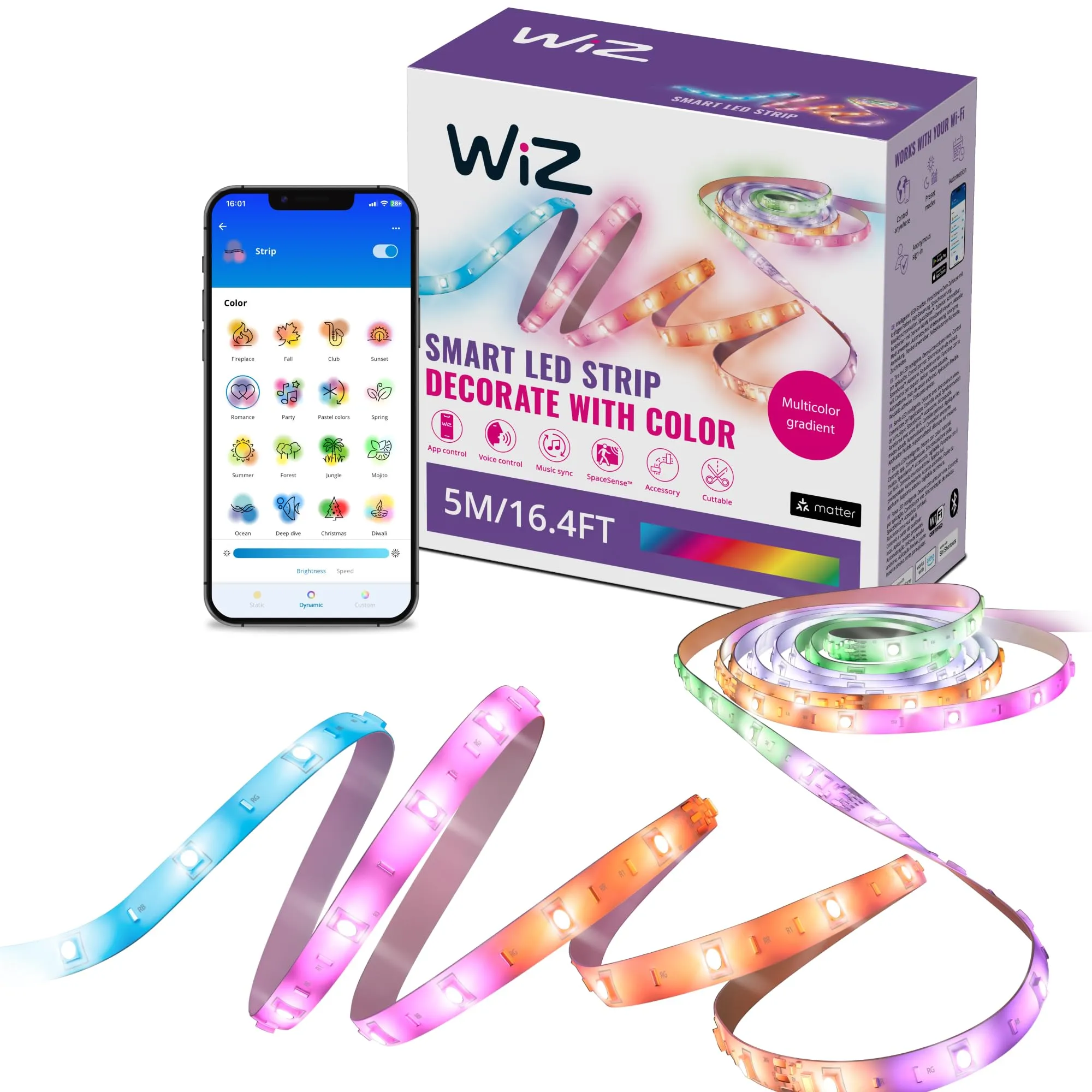 WiZ Striscia LED RGBIC - 5m, 16 milioni di colori + sfumature di bianco, scenari luminosi dinamici, connessione al Wi-Fi, controllo vocale/app, funziona con Google Home, Alexa e HomeKit