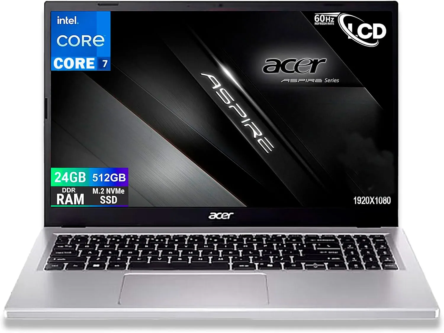 Acer Notebook Aspire Silver Intel Core i7-13620H 13Th Raptor Lake, 10Core, Display FullHD 15,6", RAM 24Gb DDR5 5200Mhz, SSD PCIe NVMe 512 Gb, Wi-Fi6, BT, 2 usb, 2 USB type-c, Windows 11, Configurato