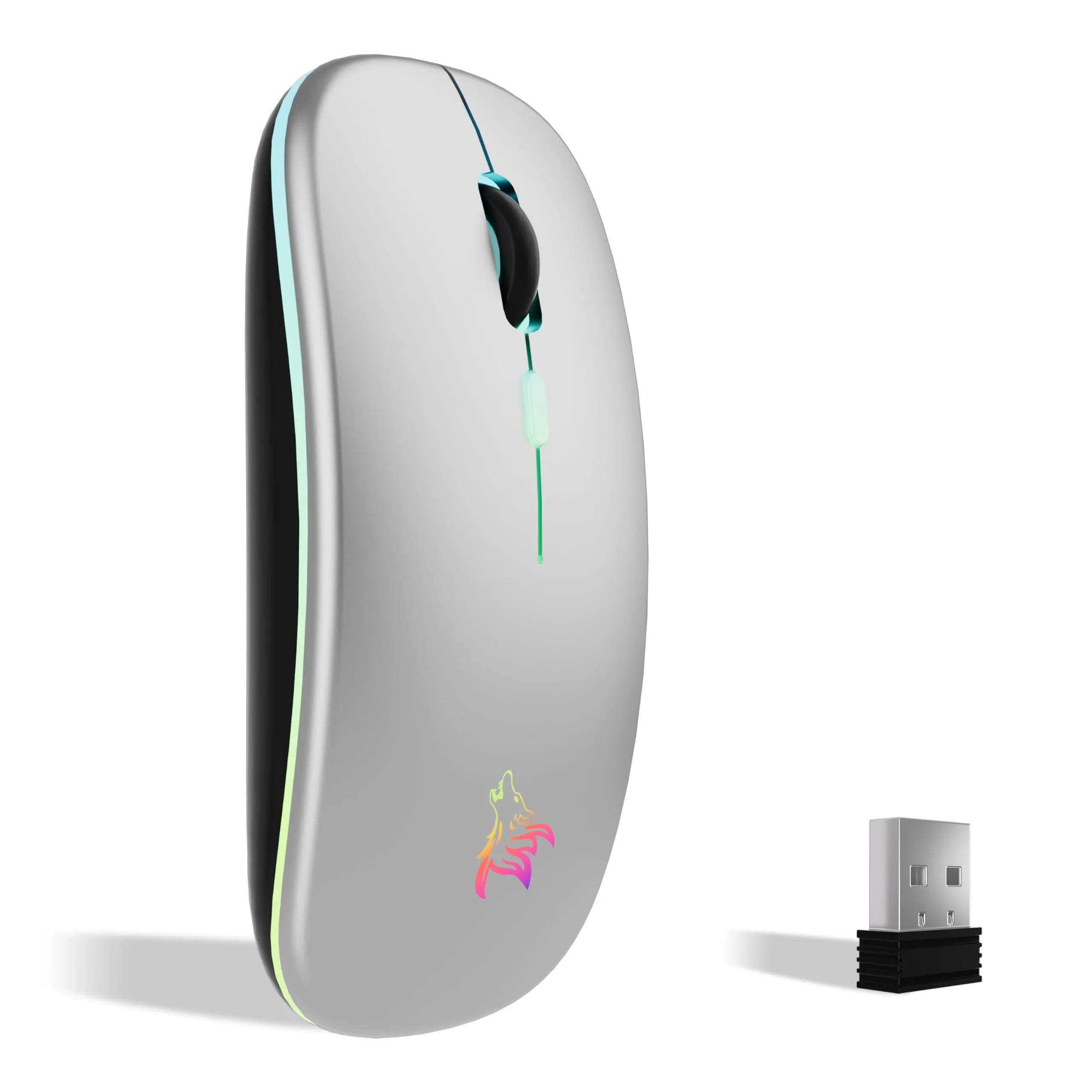 TQQ Mouse wireless ricaricabile, mouse retroilluminato a 7 colori con mini ricevitore USB da 2,4 GHz, mouse gaming, compatibile con laptop, PC, computer, Chromebook, Notebook e iPad Etc