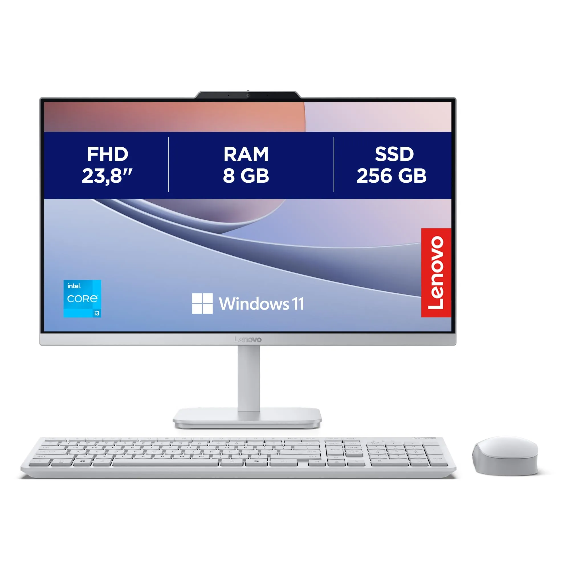 Lenovo A100 Desktop All-In-One, Display 24" FHD (1920x1080), Intel N100, RAM 8GB, 256GB SSD, Speakers, WiFi 6, Windows 11 Home, Mouse + Tastiera - Cloud Grey