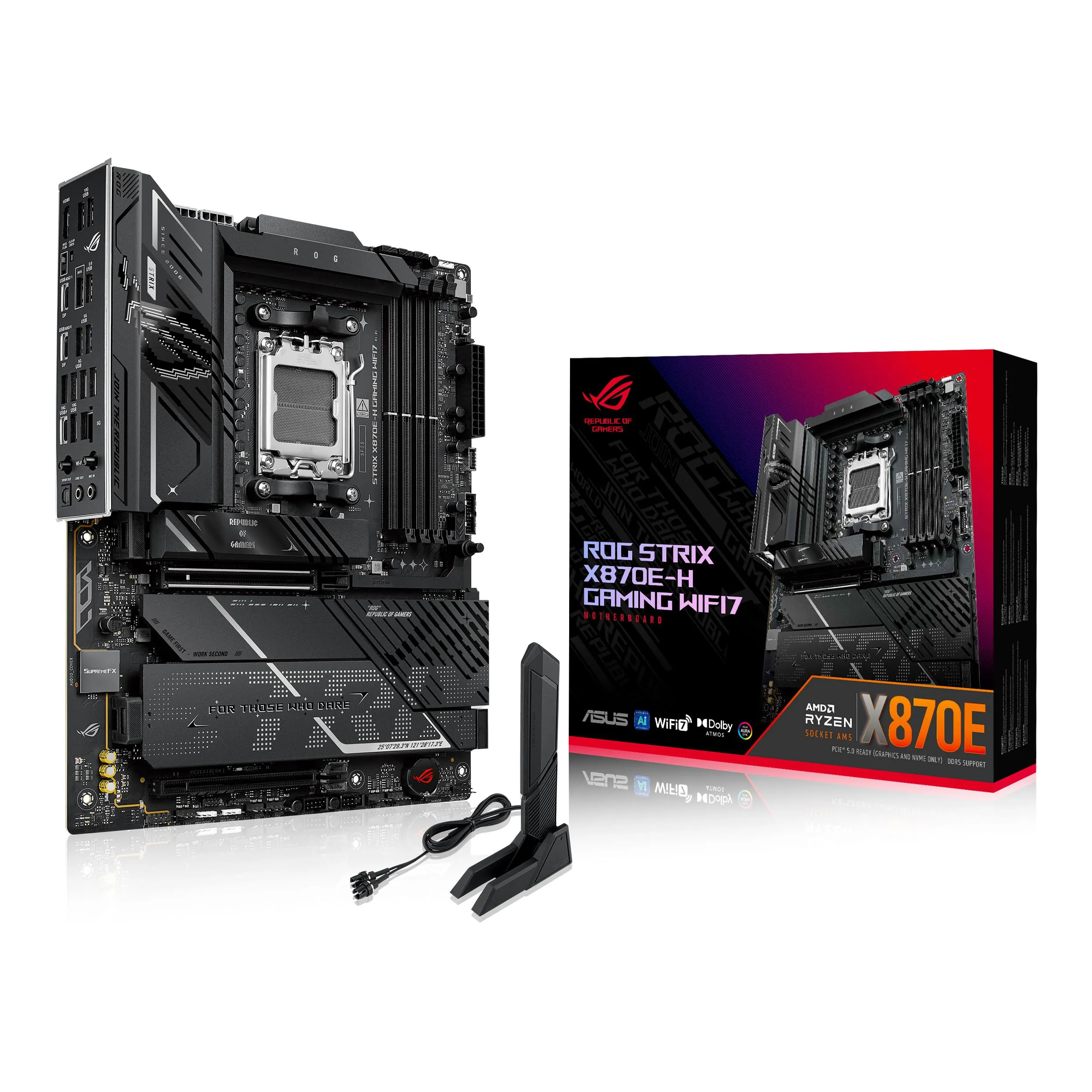 ASUS ROG Strix X870E-H Gaming WIFI7, Scheda madre AMD ATX, Socket AM5, 16+2+1 Stadi di Alimentazione, Slot DDR5, Quattro Slot M.2, PCIe 5.0, WiFi 7, 2 Porte USB4, PCIe Slot Q-Release, Aura Sync, Nera