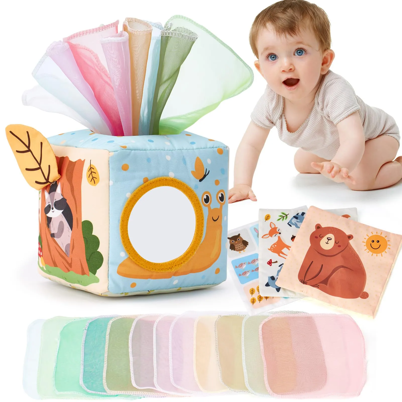 hahaland Scatola di Fazzoletti Montessori 3-6 Mesi, Giochi Neonati Sensoriali Scatoletta Interattiva in Tessuto e Specchio, Regalo Neonato Maschio