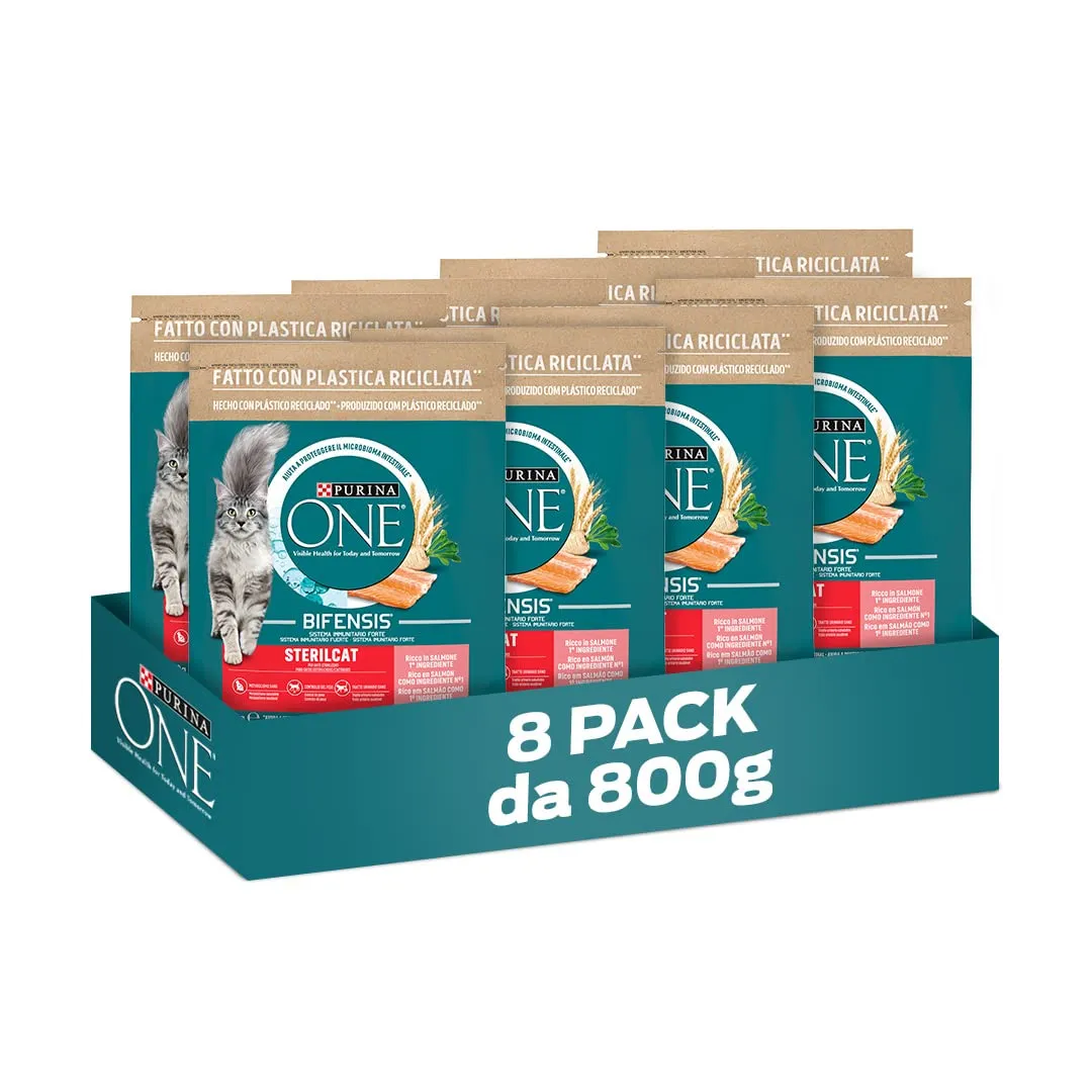Purina One Bifensis Sterilcat Crocchette Gatto Sterilizzato con Salmone e Frumento, 8 Confezioni da 800 g