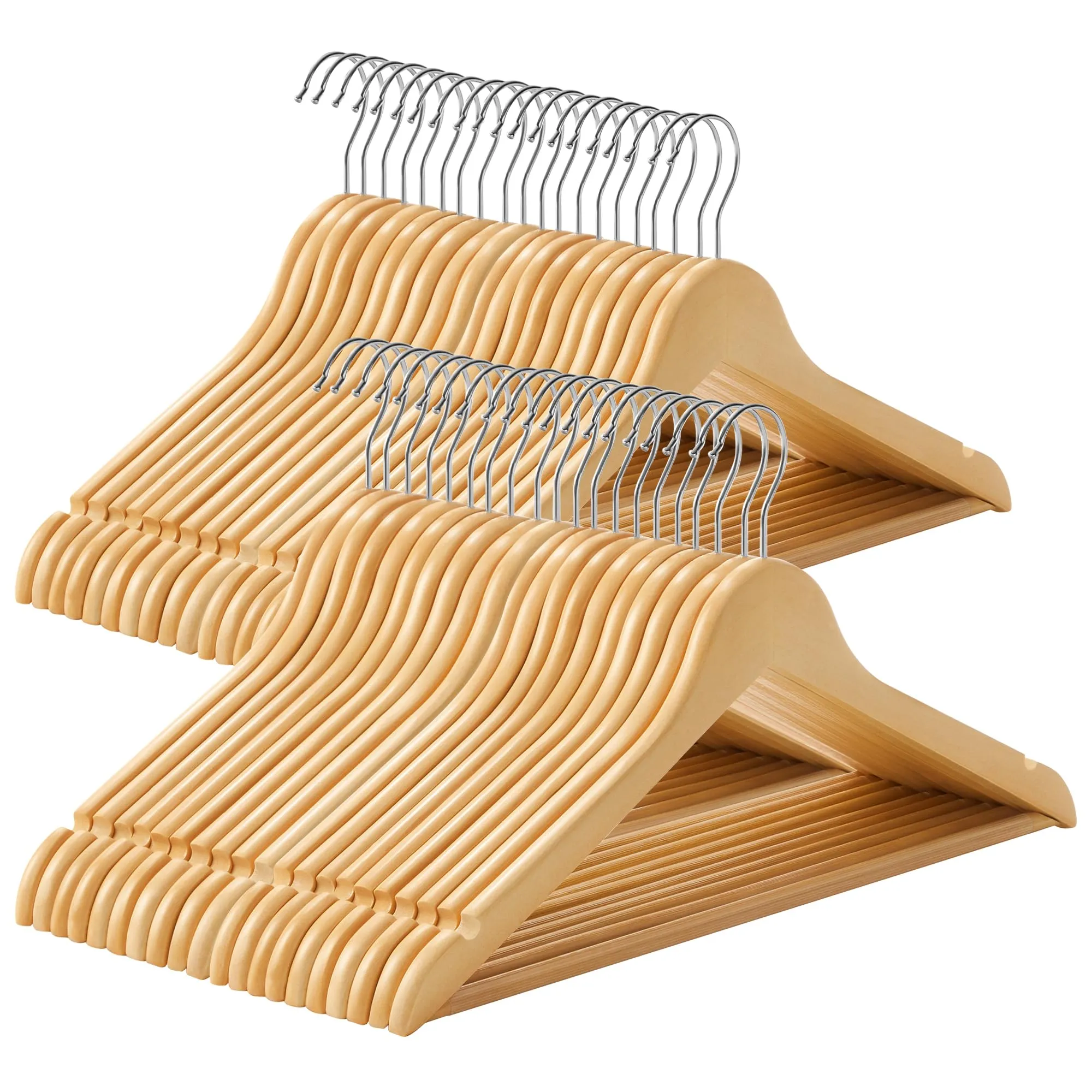 SONGMICS Grucce Legno, 20 Pezzi, Appendiabiti con Scanalature su Spalle, Barra Portapantaloni Antiscivolo e Gancio Girevole a 360°, per Completi Camicie Cappotti, Naturale e Argento CRW001-20