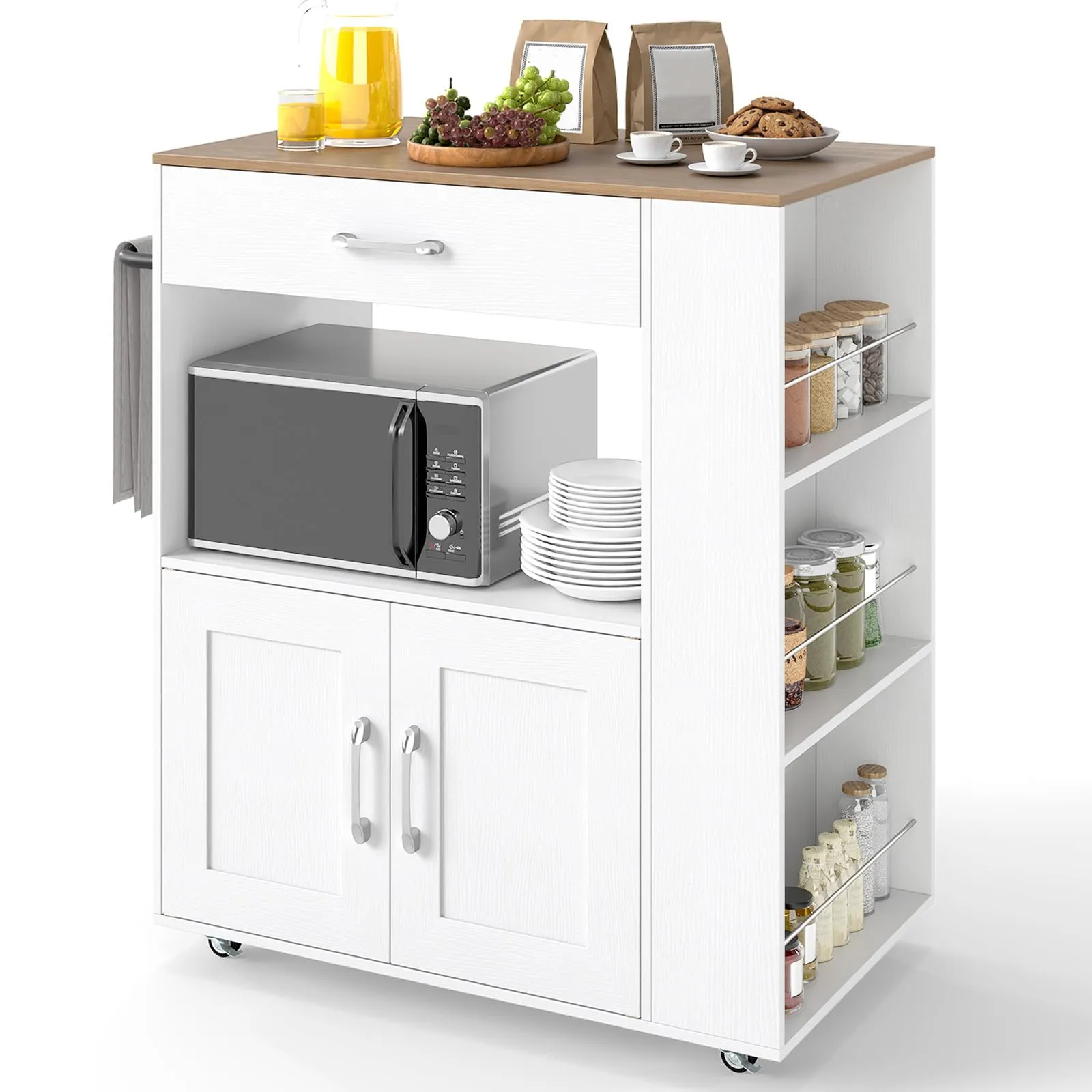 COSTWAY Carrello da Cucina con Ruote, Isola da Cucina con 3 Portaspezie 1 Cassetto Armadietto a 2 Porte, Carrello Portaoggetti con Portasciugamani, 82x46x92 cm (Bianco)