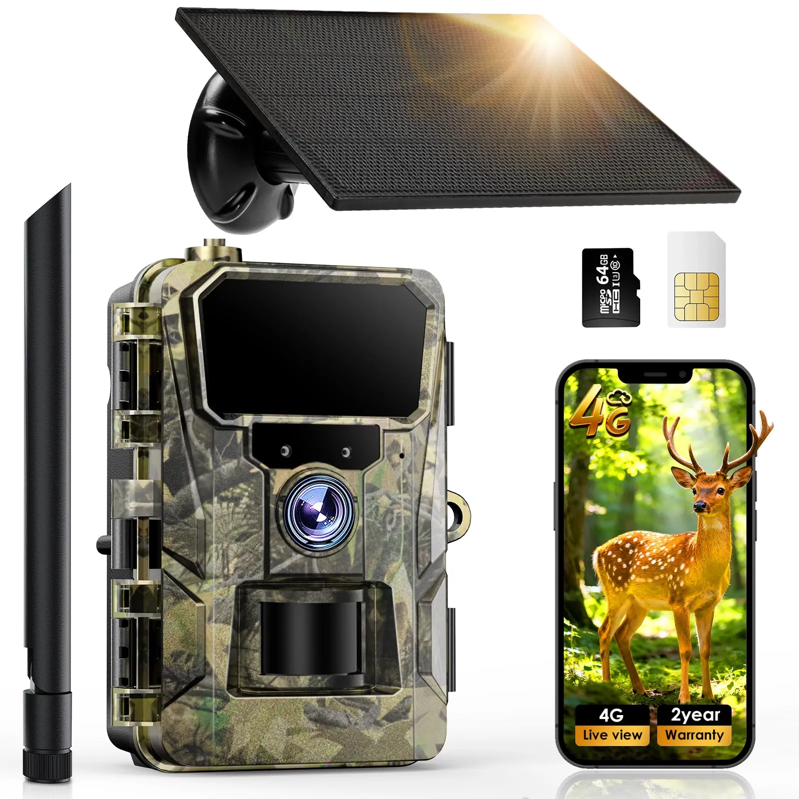 iZEEKER 2 en 1 Fototrappola Solare 4G LTE con SIM e 64GB Scheda Micro SD, HD 48MP Fotocamera Caccia Visione Notturna, Batteria 5200mAh, APP Controllo Remoto, Senza Wi-Fi, IP66 Impermeabile per Fauna