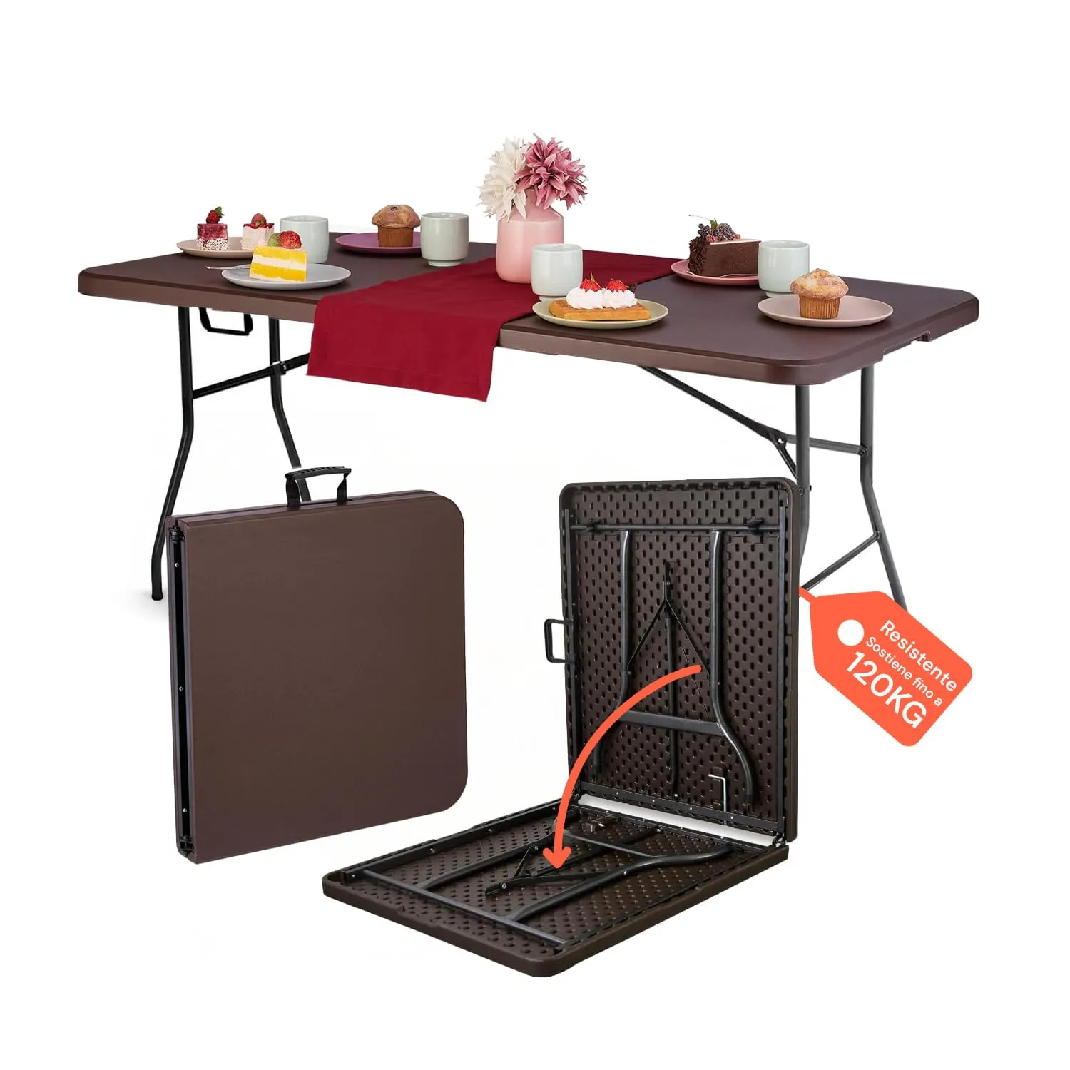 Avilia Tavolo Pieghevole Portatile da Campeggio - Richiudibile, Sistema di Blocco Sicurezza, Capacità 6 Persone, Colore Noce, 180x75x74cm