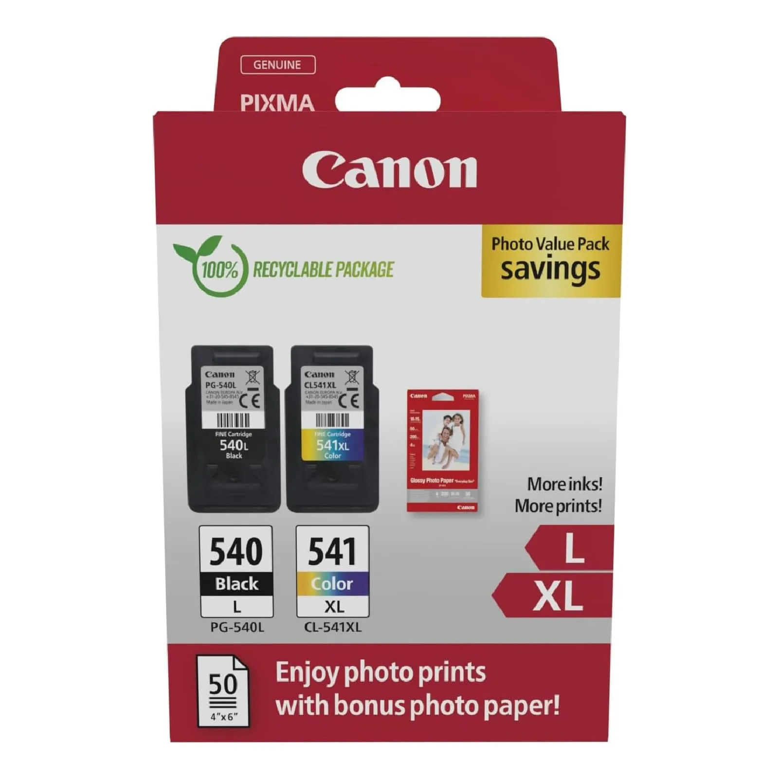Canon Cartucce d'inchiostro originali PG540L / CL541XL alta capacità, confezione da 2 (colori e nero); Include 50 fogli di carta fotografica 4x6 - confezione in cartone di sicurezza