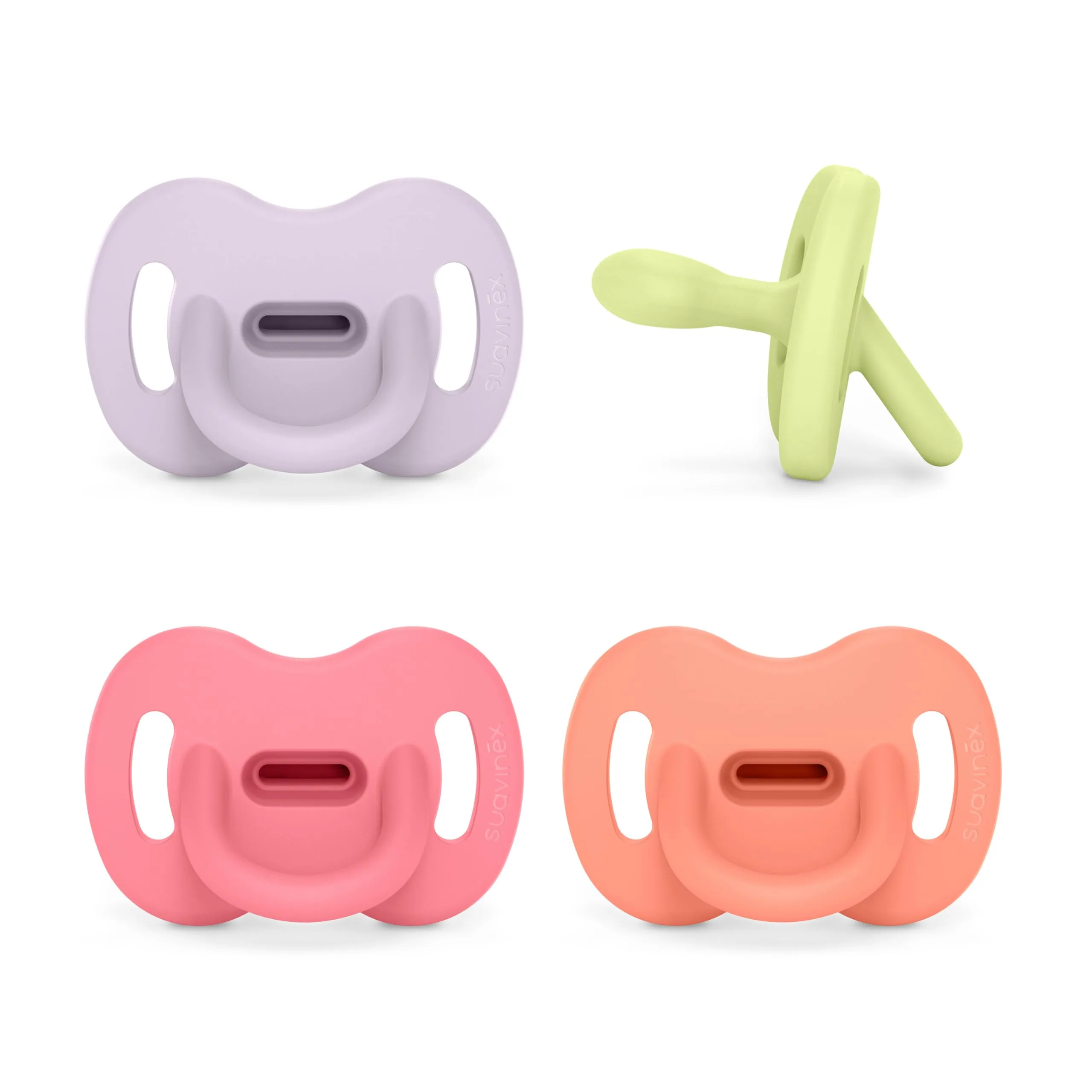 Suavinex, confezione da 4 ciucci interamente in silicone, per bambini 6/18 mesi, con Tettina Simmetrica SX Pro, super morbida e flessibile, ideale per dormire, rispetta lo sviluppo orale, rosa, verde