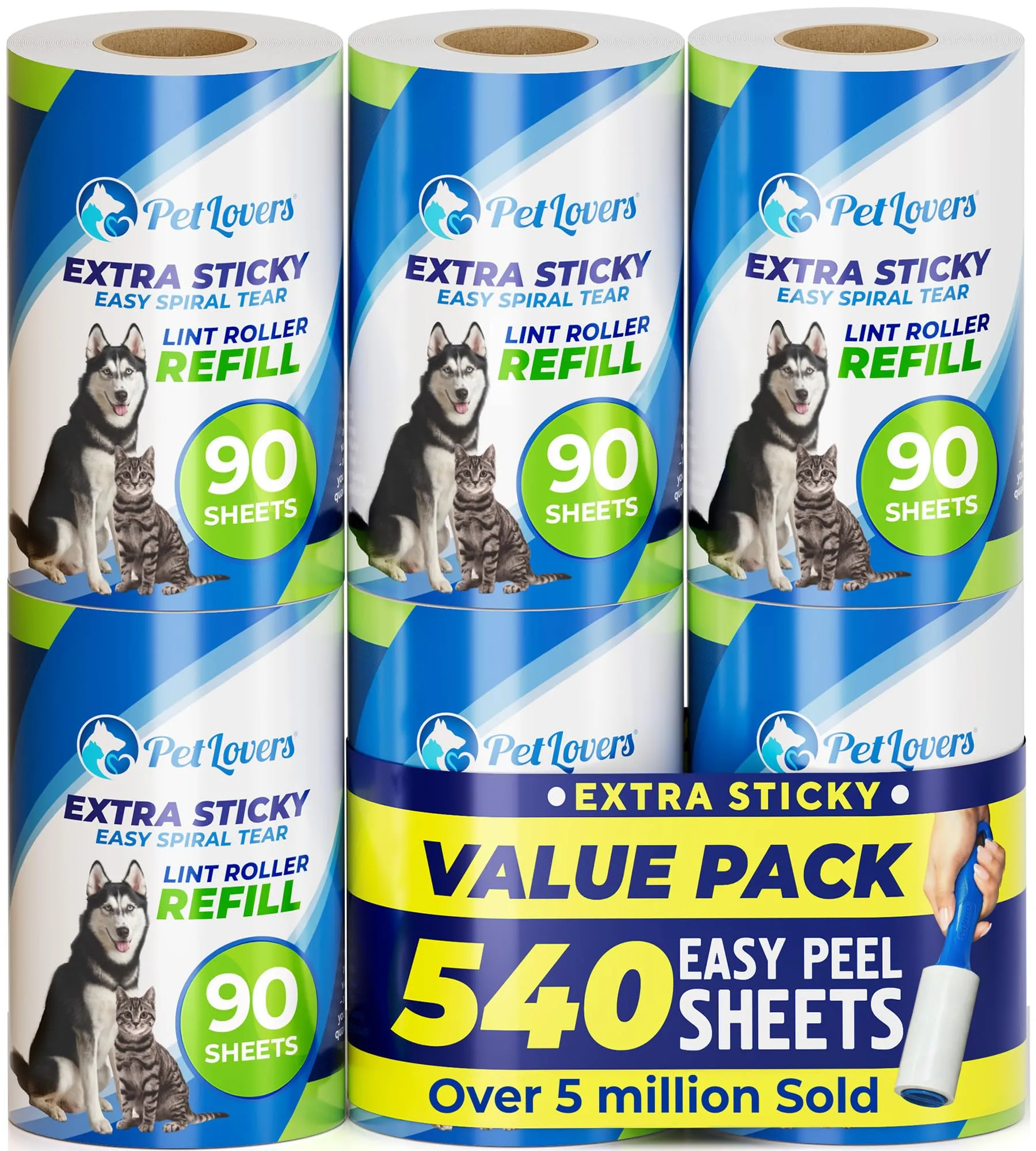 PetLovers Rullo stick mega value extra appiccicoso Set 450 fogli per rimozione peli di animali domestici rimozione di lanugine per cani e gatti 6 ricariche