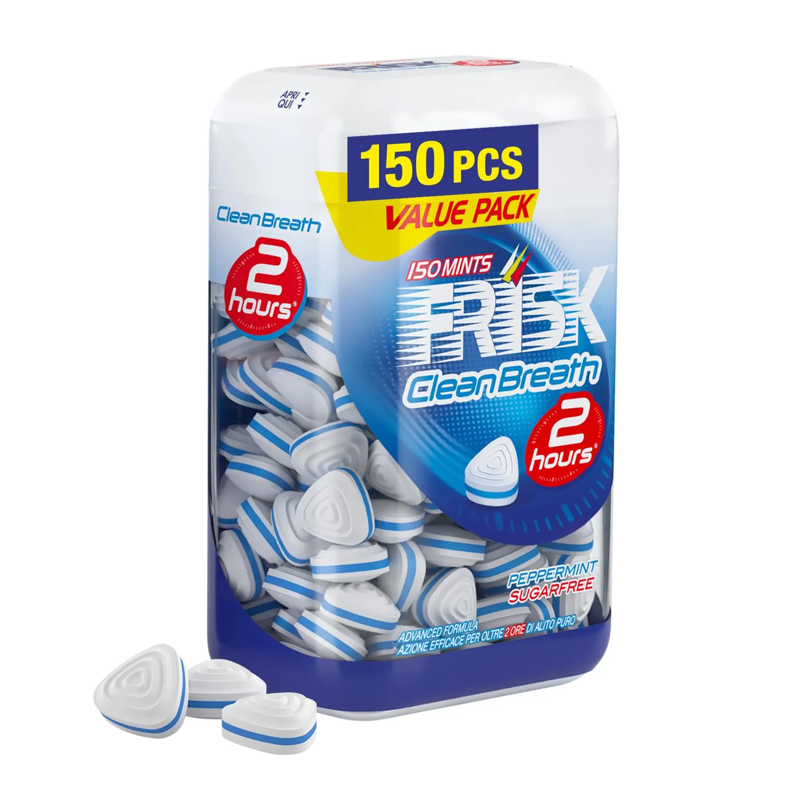 Frisk Clean Breath, Caramelle Dure Gusto Peppermint, Senza Zucchero, Due Ore di Freschezza, Microcompresse con Zinco, con Edulcoranti, 150 caramelle, Confezione da 1