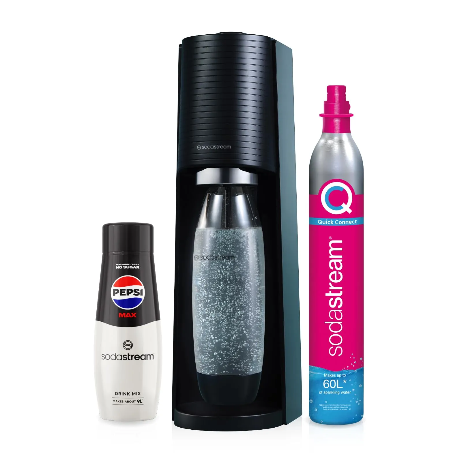 SodaStream - Terra Sparkling Water Maker Starter bundle, Quick Connect CO2 System, include bombola di gas da 60 l, 1 x 440 ml Pepsi Max, senza BPA, 1 L, ecologica e riduce i rifiuti di plastica, nero