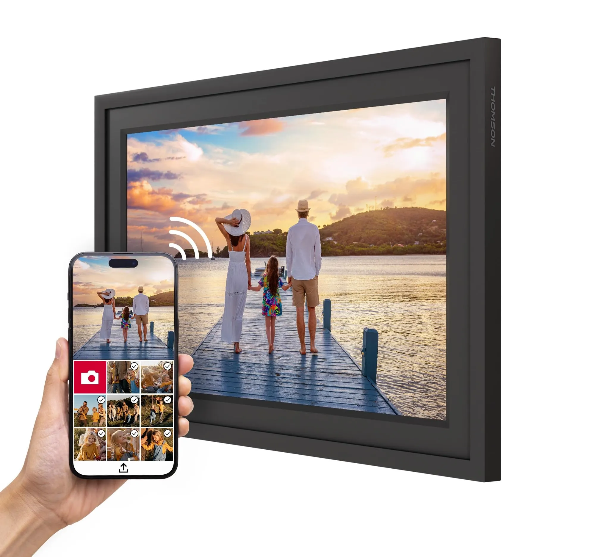 THOMSON Cornice Fotografica 10 pollici - 25,6 cm, 1280x800 HD IPS, Touchscreen, Memoria 32 GB, Rotazione Automatica, Connessione Multi-Utente, WLAN, Supporto da Tavolo o Montaggio a Parete
