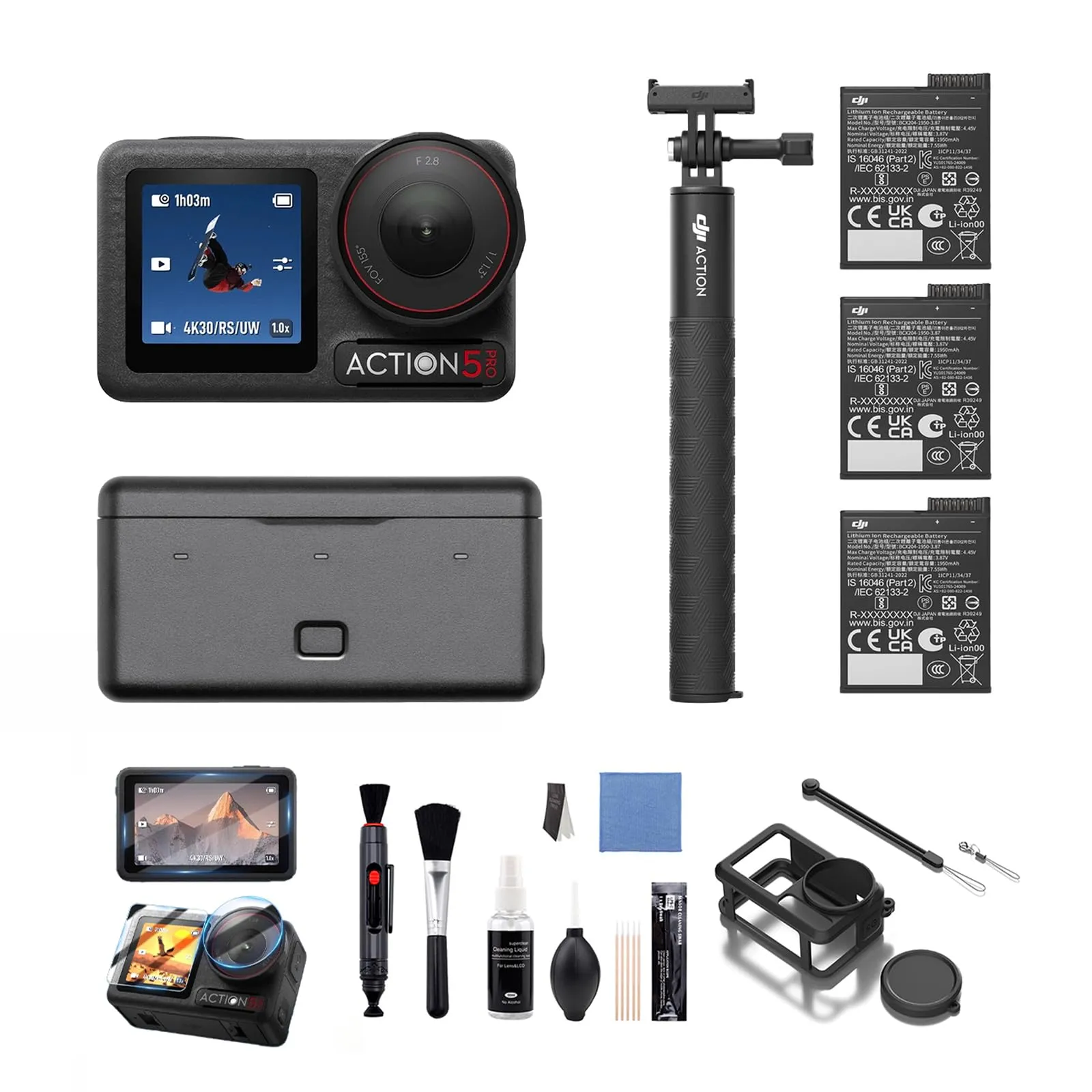 DJI Osmo Action 5 Pro Combo Adventure Bundle, Action Cam 4K con Sensore 1/1.3", Batteria Lunga Durata 12h con 3 Batterie, Due Touchscreen OLED, Stabilizzazione, Viaggi, Vlog (Bundle 2)