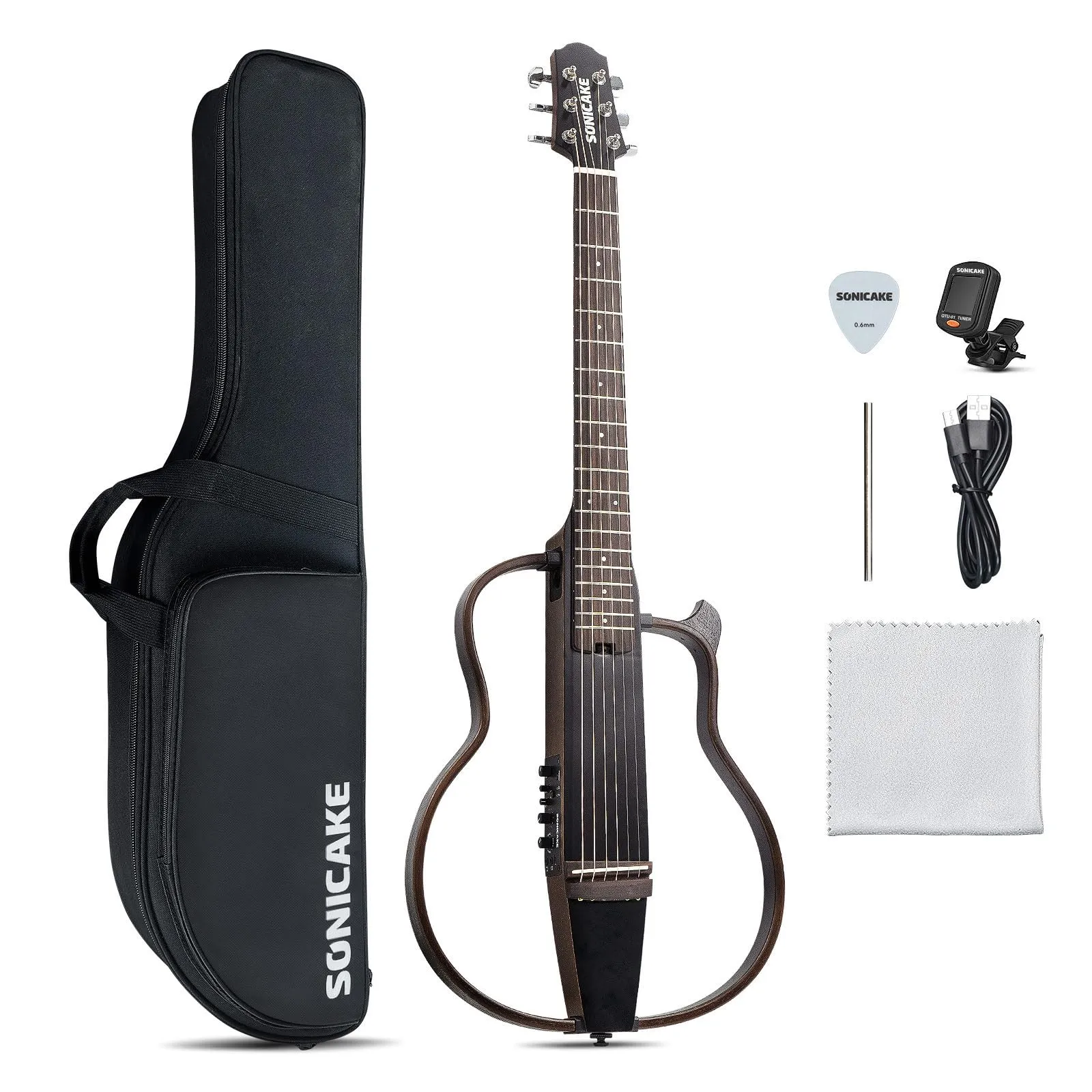 SONICAKE Chitarra Acustica Elettrica Portatile Corpo in Mogano Massello, Telai Facili da Montare, Preamp Sim Multi-Forma del Corpo, Custodia e Accessori