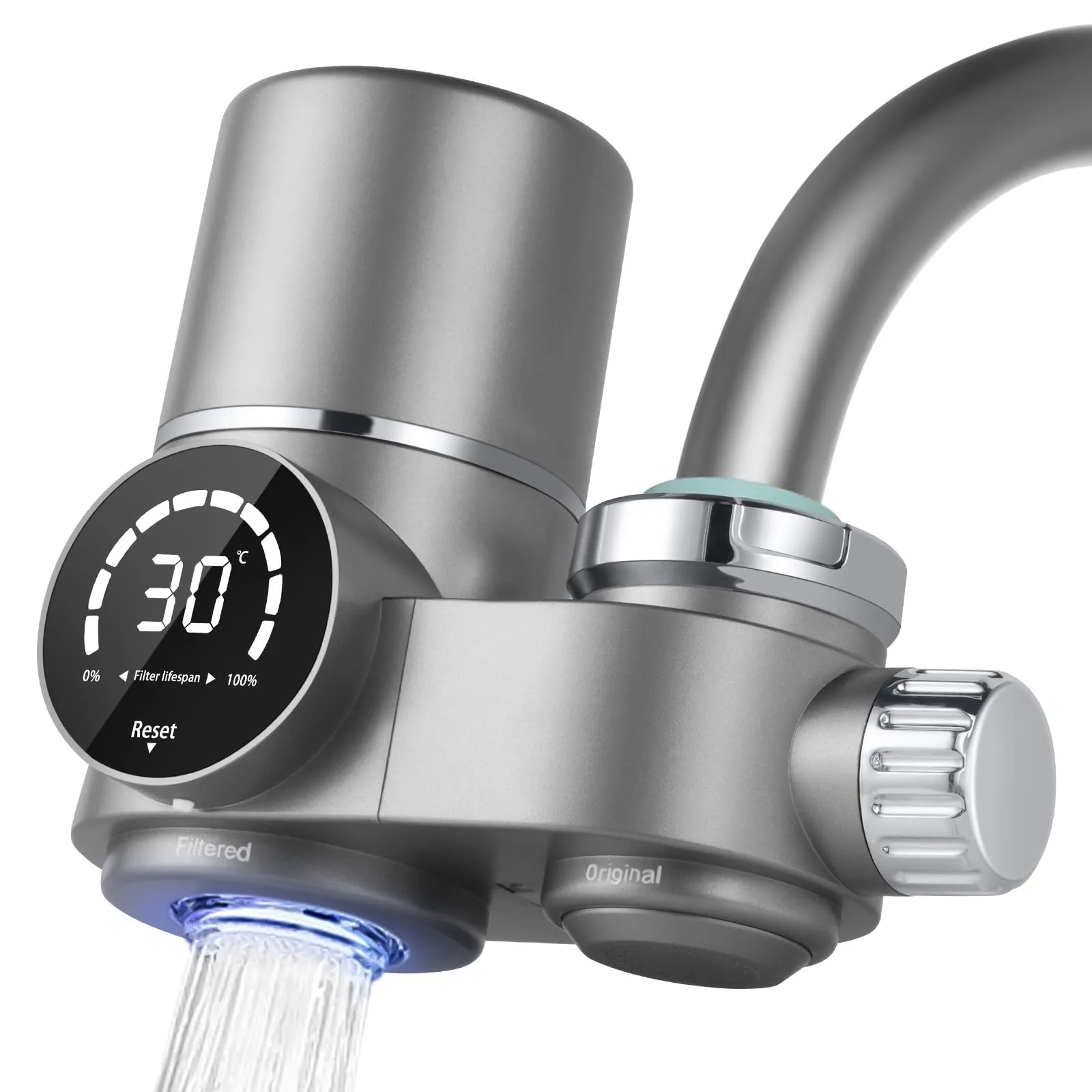 HOTUT Filtro Acqua Rubinetto, UV luce Blu Filtro Casa Cucina, Sistema di Filtrazione Dell'acqua, Anticalcare Rubinetto, Riduce Sabbia, Cloro e Cattivo Gusto - Display Contalitri Digitale